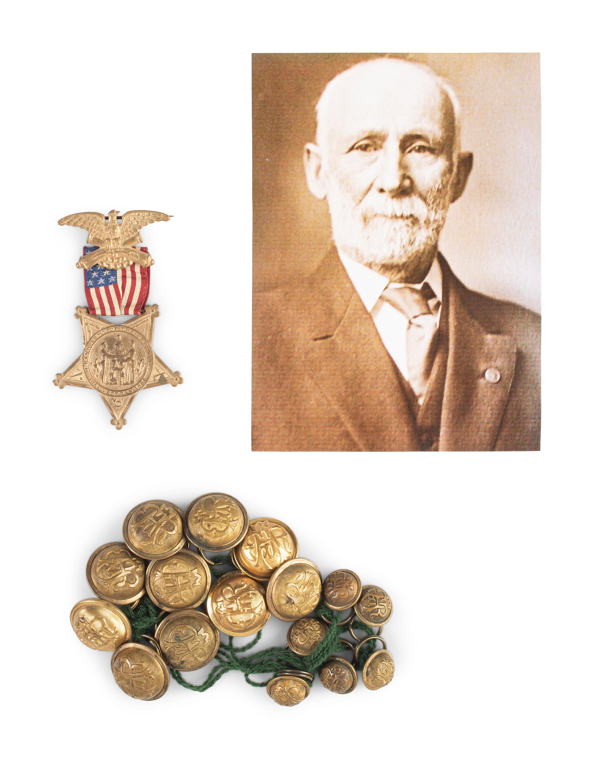 Private Jacob H. Perine, Company E, 4th Michigan Infantry, WIA twice at Gettysburg. A collection of items, incl. GAR dress cap, ribbons, and buttons.