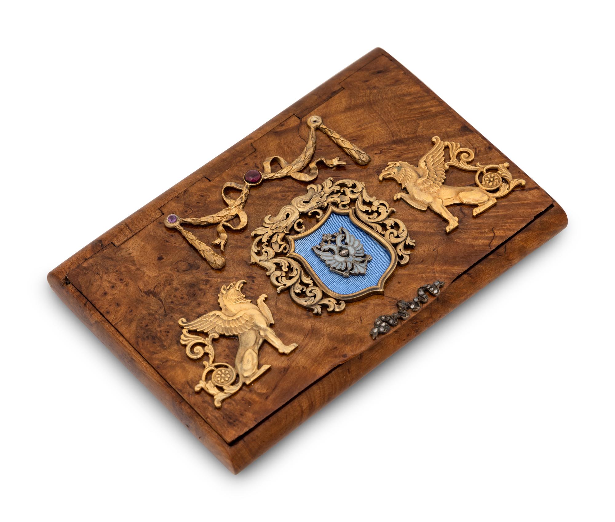 A Russian Silver, Enamel and Jewel Mounted Birch Cigarette Case