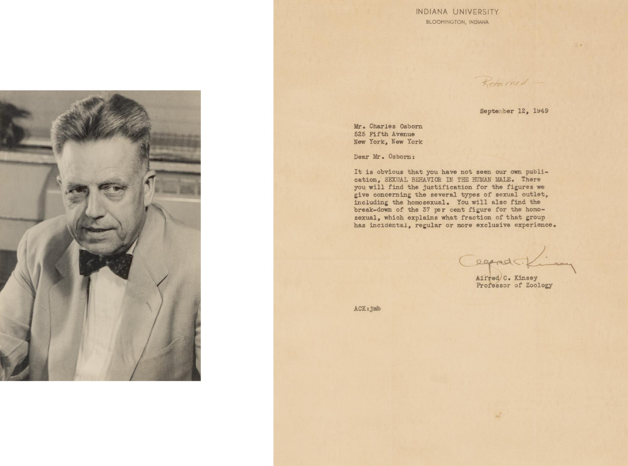 [Sexology] Kinsey, Alfred Charles. Typed Letter, signed