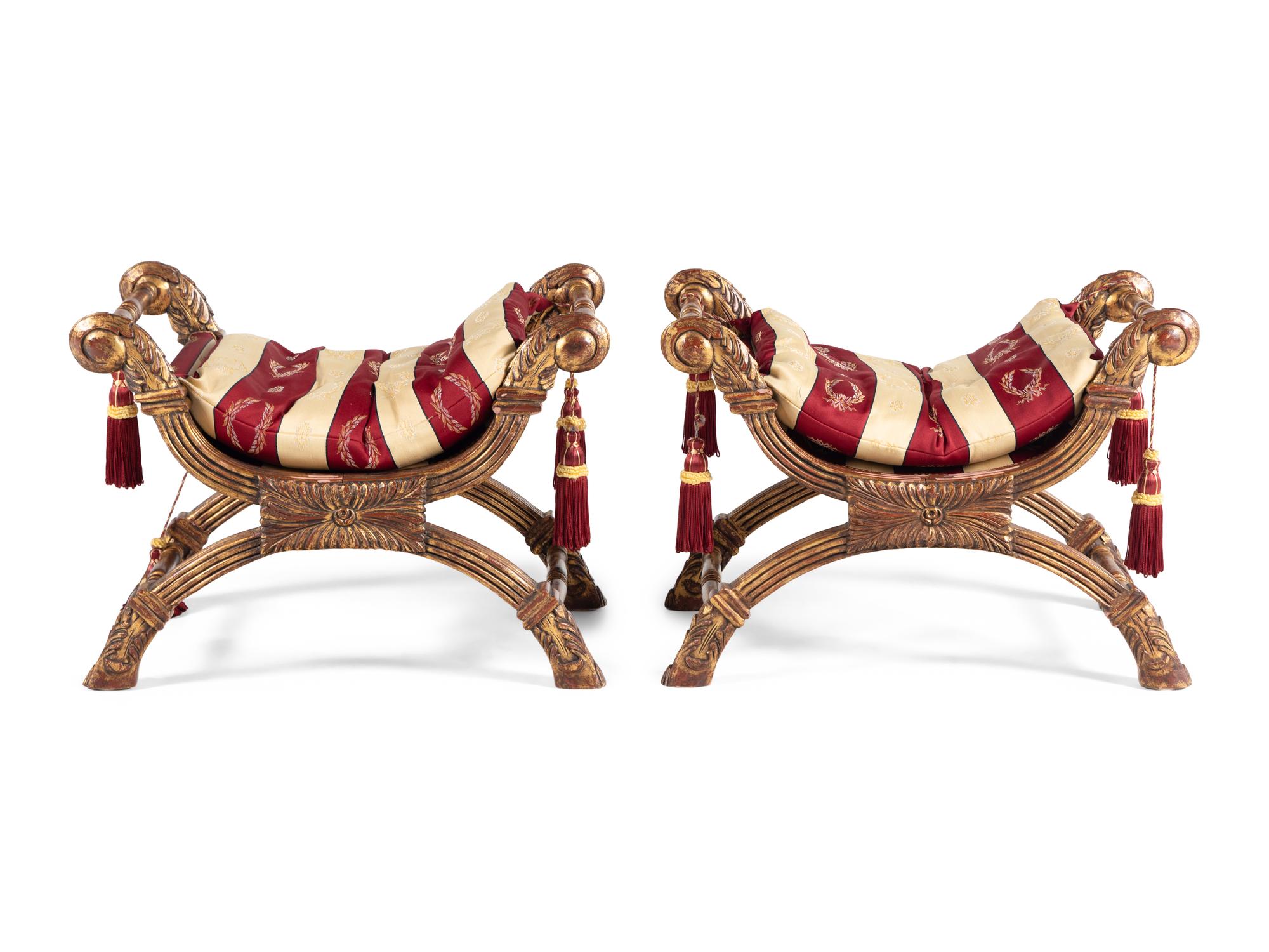A Pair of Regency Style Giltwood Curule Stools