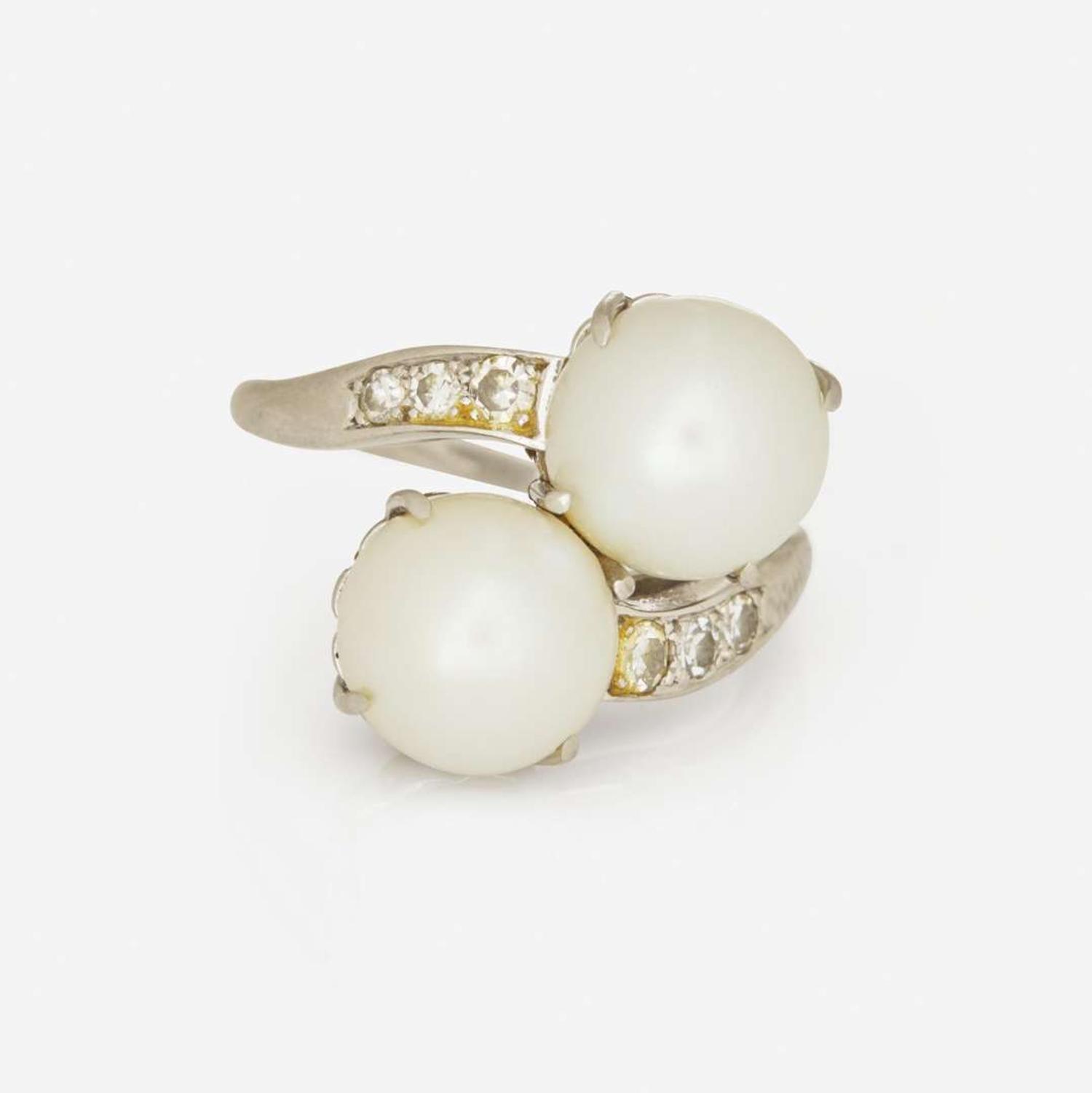 A Platinum, Cultured Pearl, and Diamond Ring