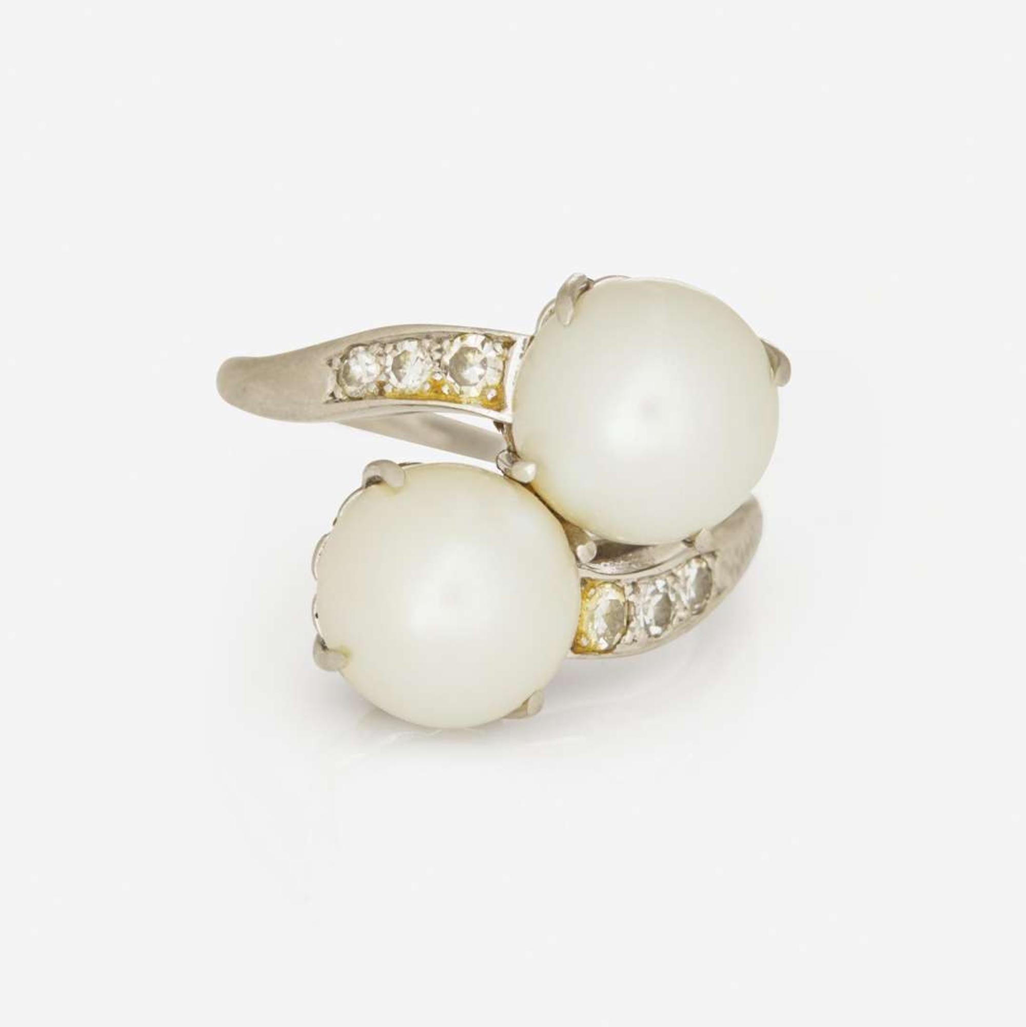 A Platinum, Cultured Pearl, and Diamond Ring