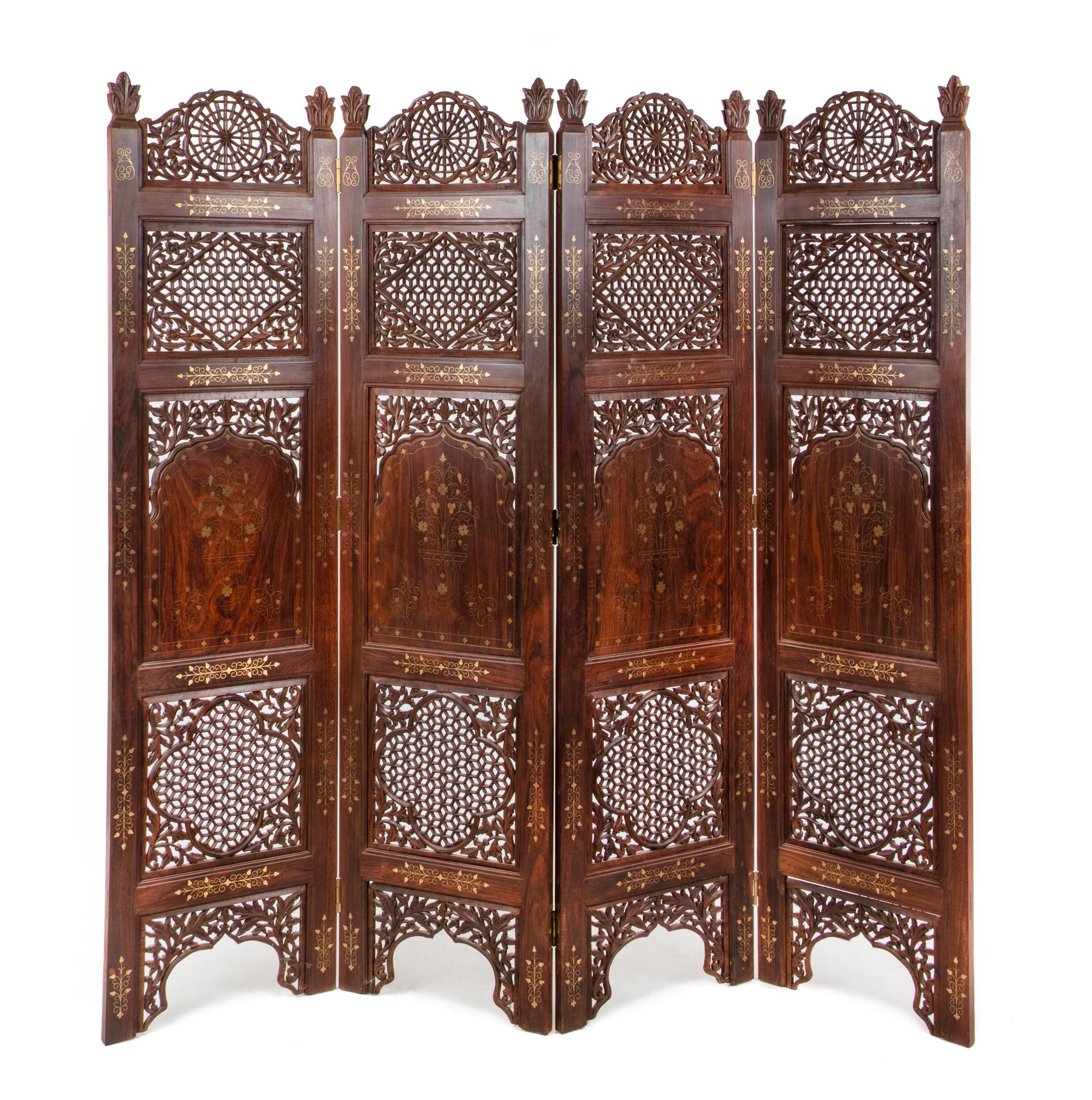 An Anglo-Indian Carved Four-Panel Floor Screen