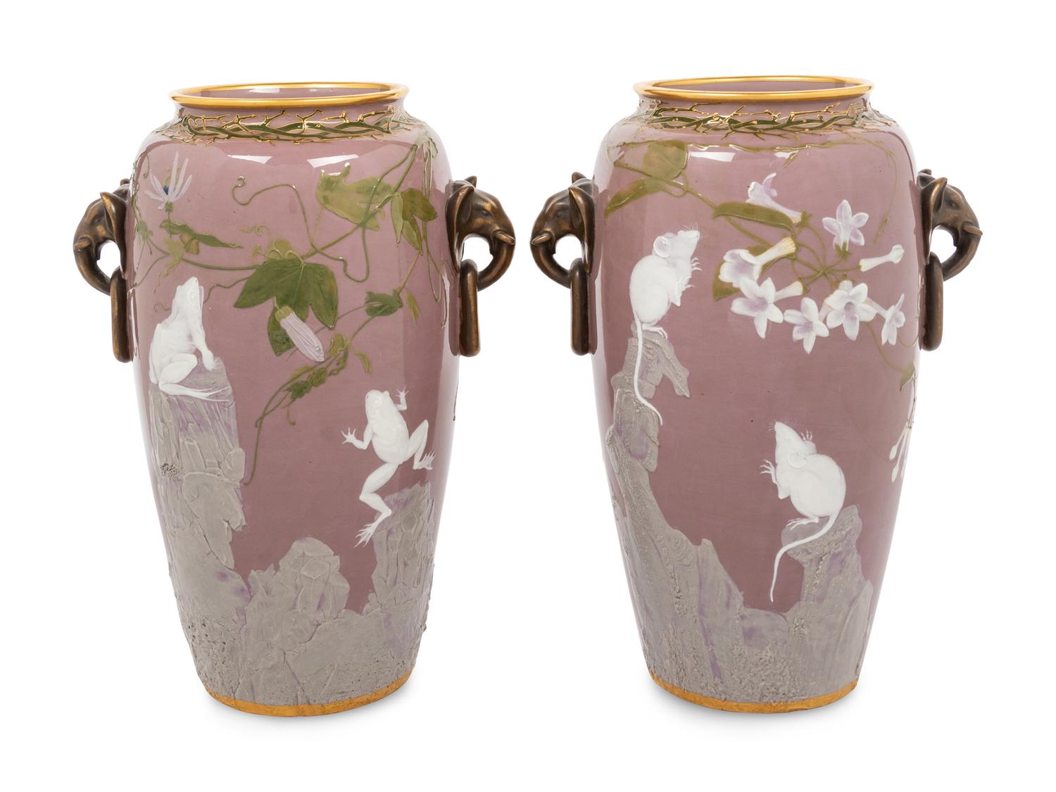 A Pair of Mintons Pate-sur-Pate Elephant Handle Urns