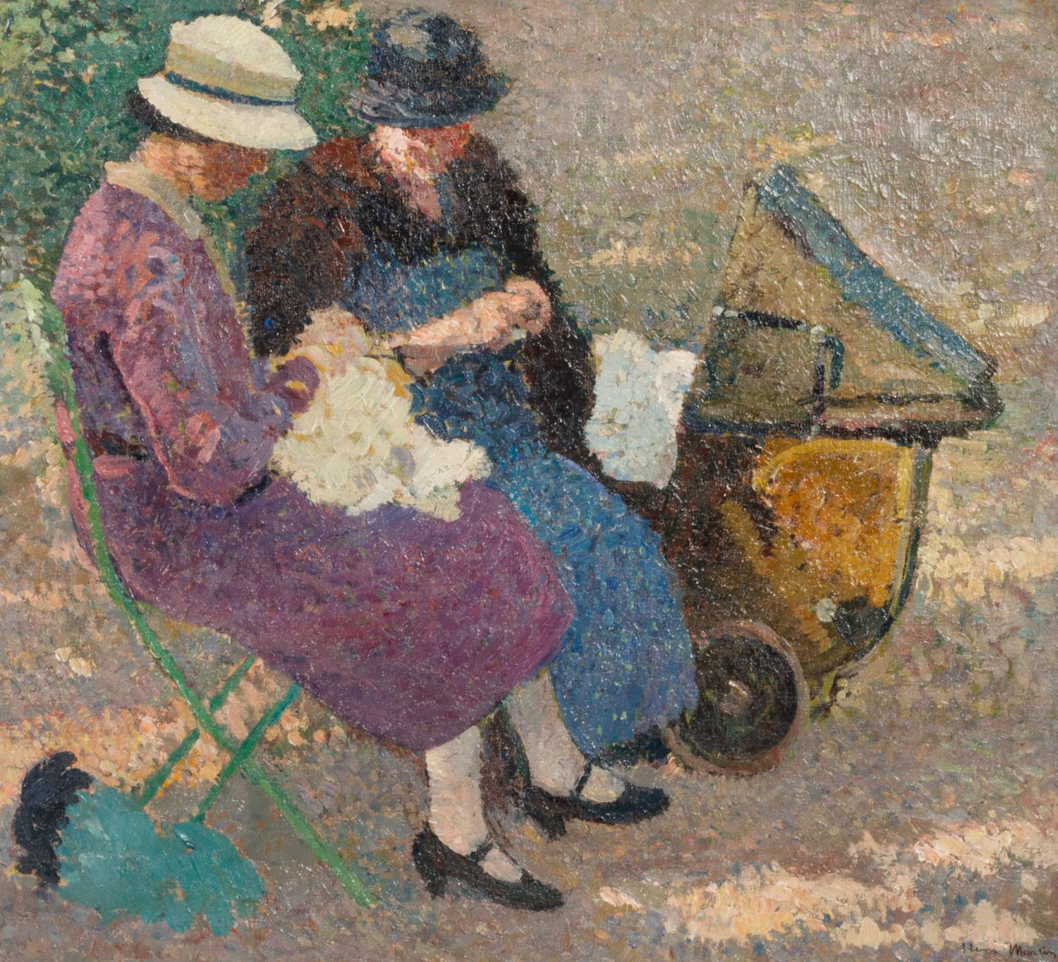Deux femmes assises auprès d’une voiture d’enfant