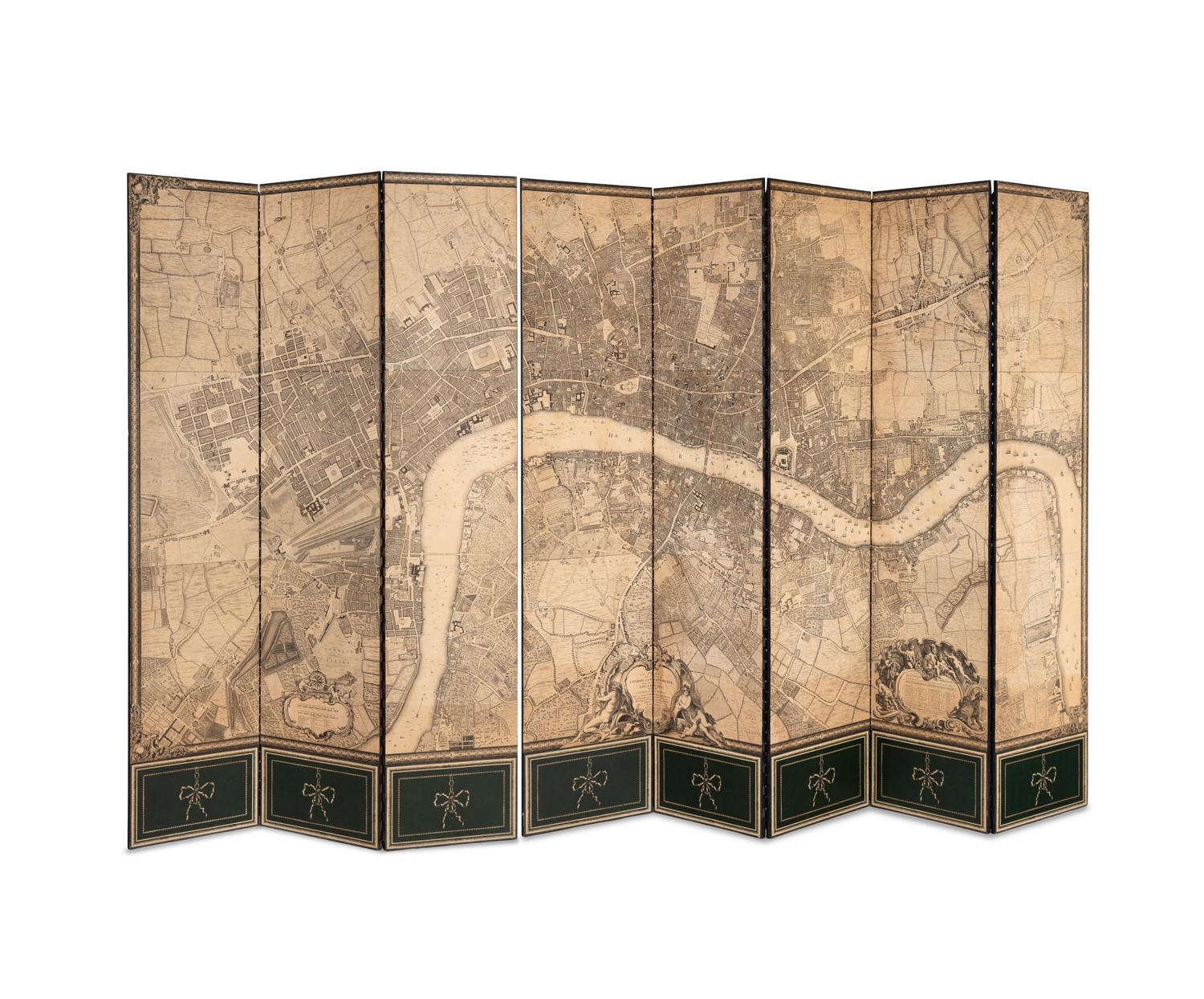An Eight-Panel Floor Screen Depicting an Engraved Map of London