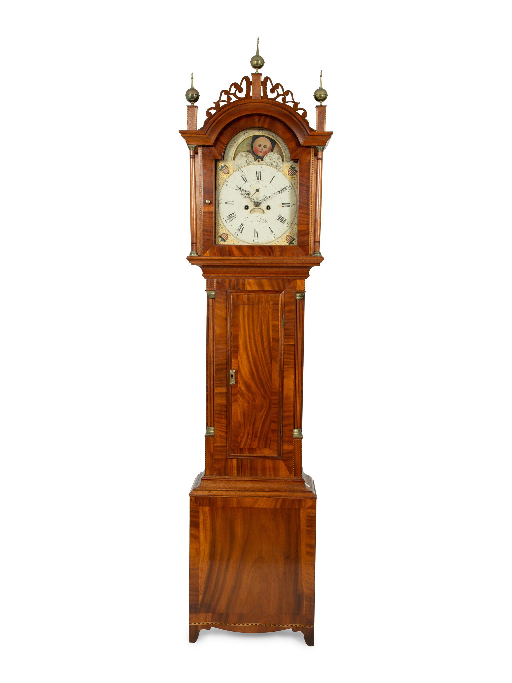 An American Satinwood Inlaid Mahogany Tall Case Clock with Works by Samuel Abbot — EARLY 19TH CENTURY