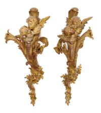 A Pair of Louis XVI Style Gilt Bronze Figural Tiebacks, Height 14 3/4 inches.