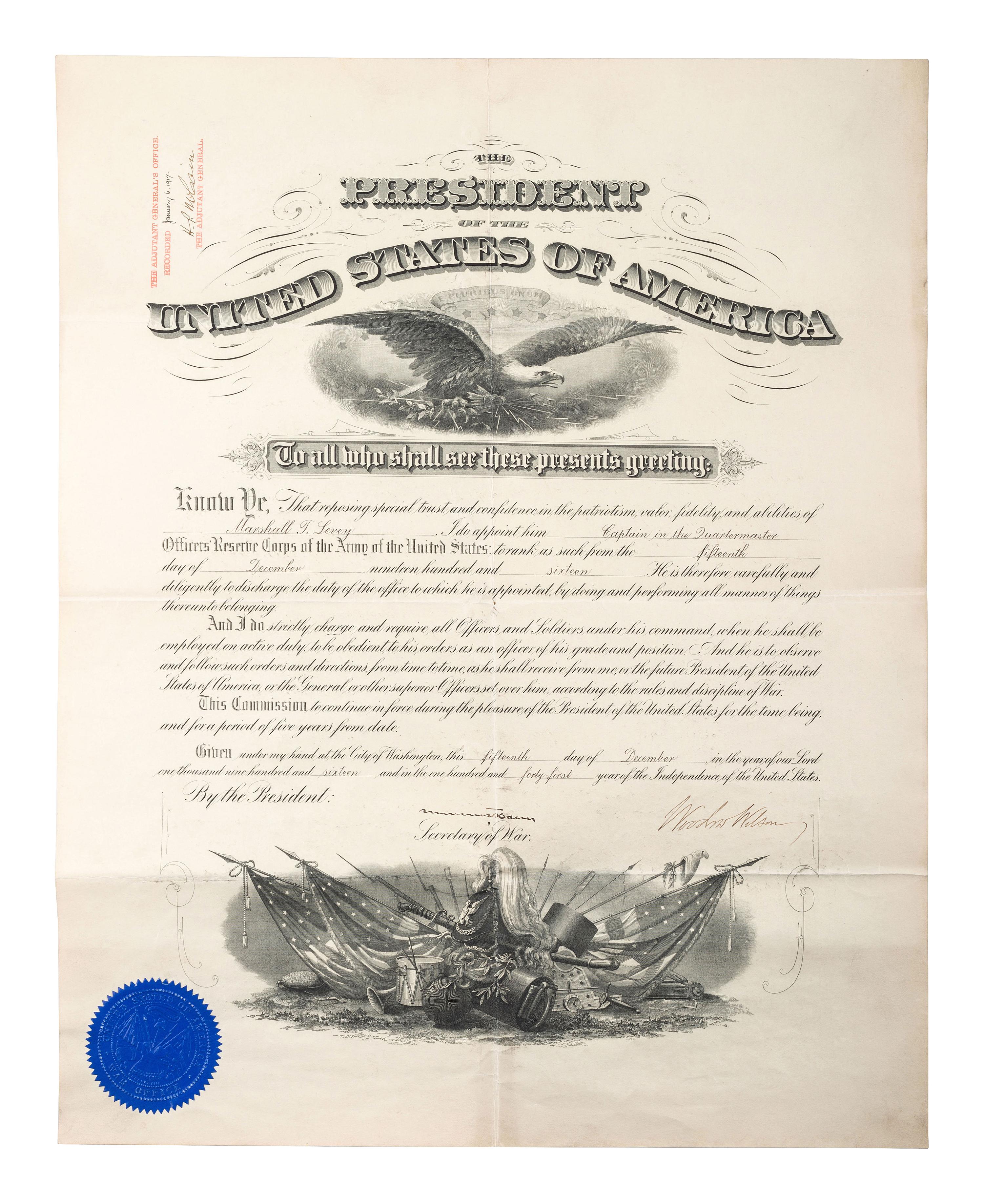 WILSON, Woodrow (1856-1924). Partly printed military appointment signed ("Woodrow Wilson").