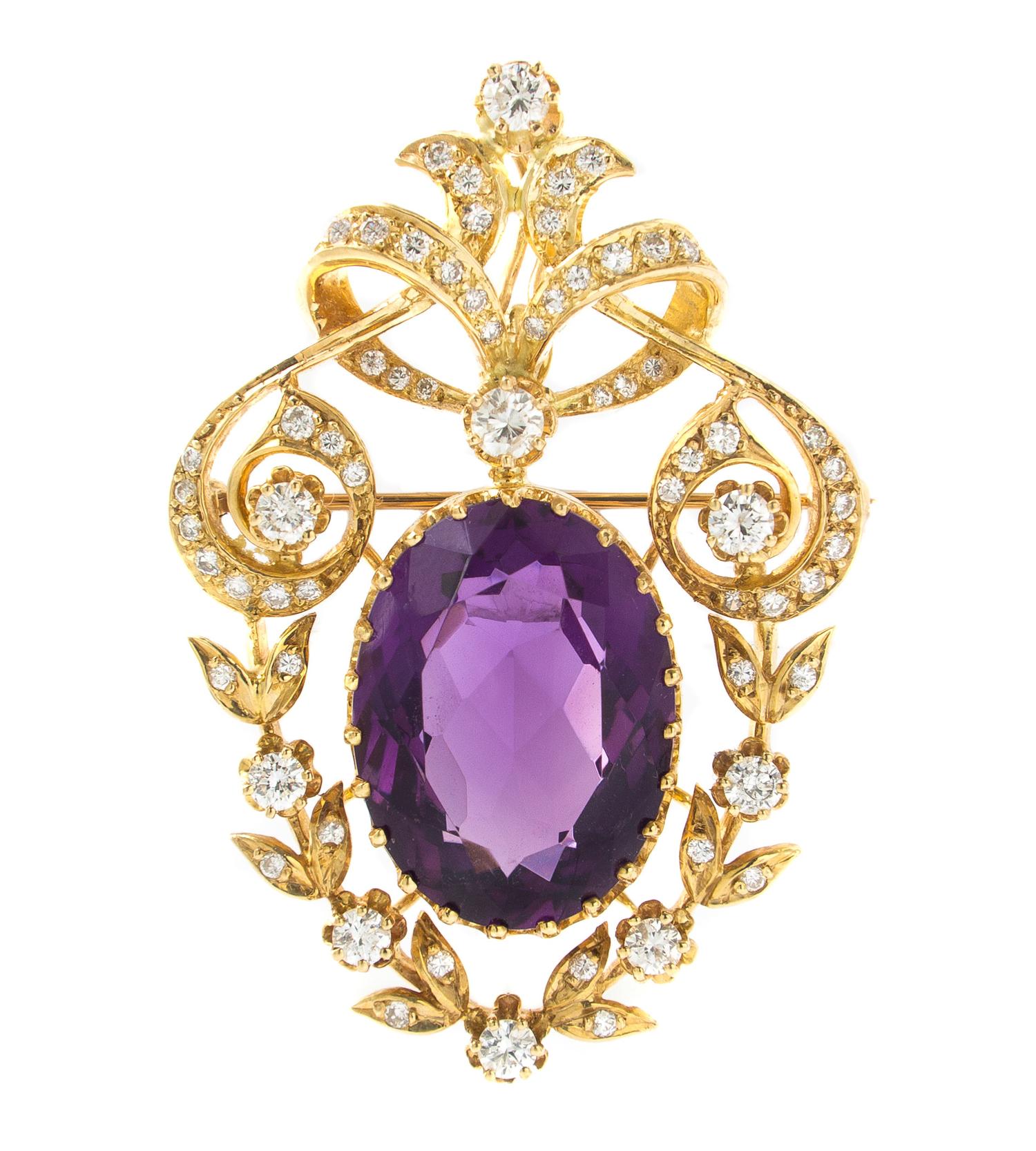 A 14 Karat Yellow Gold, Amethyst and Diamond Pendant/Brooch, 9.60 dwts.
