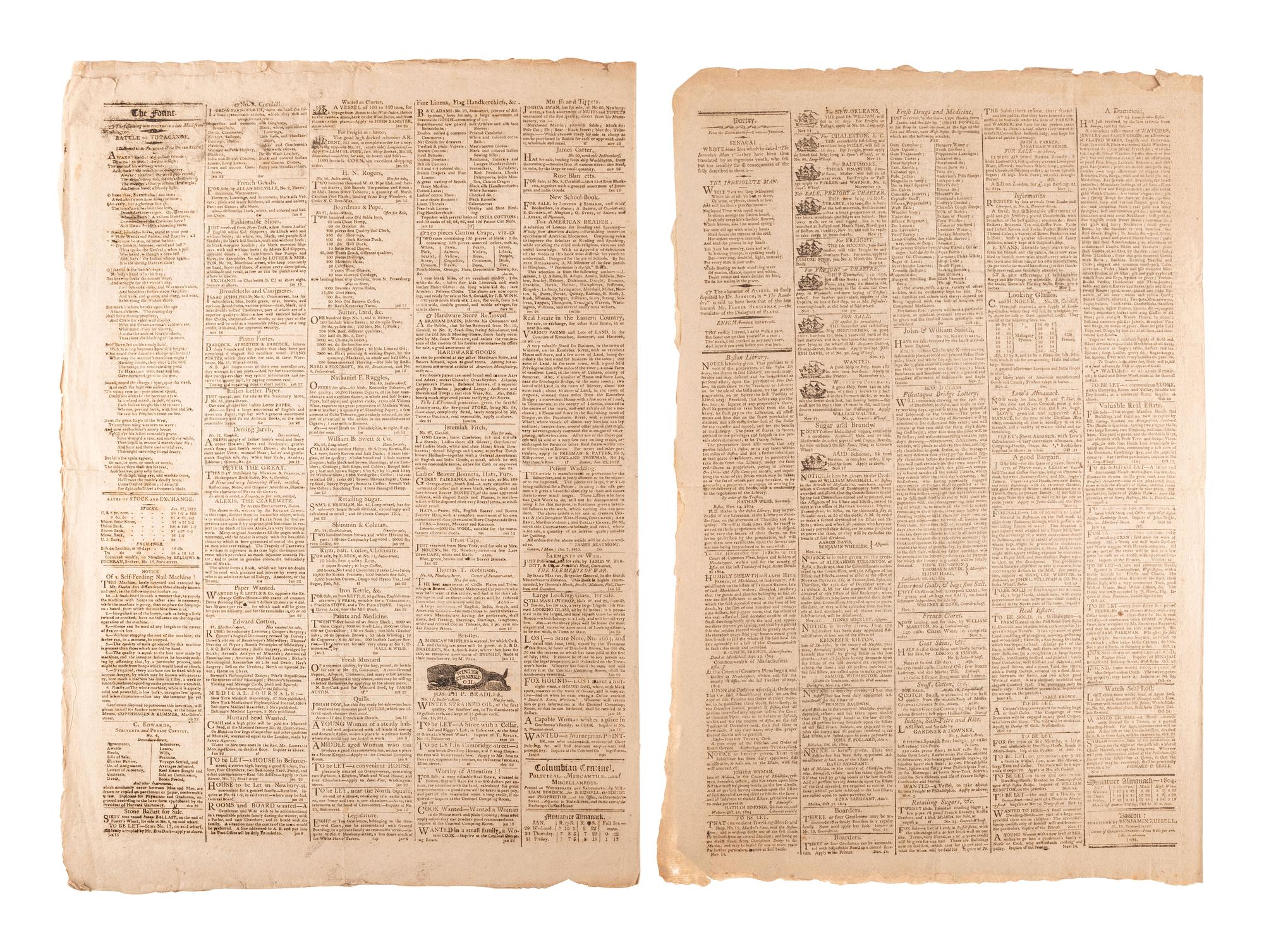 [WAR OF 1812]. A group of 7 newspapers printed before and during the War of 1812-period, incl. reports on the military, politics, and advertisements for enslaved African Americans.