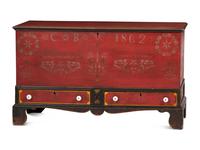 A Soap Hollow Stencil-Decorated and Heart-Carved Poplar Two-Drawer Blanket Chest