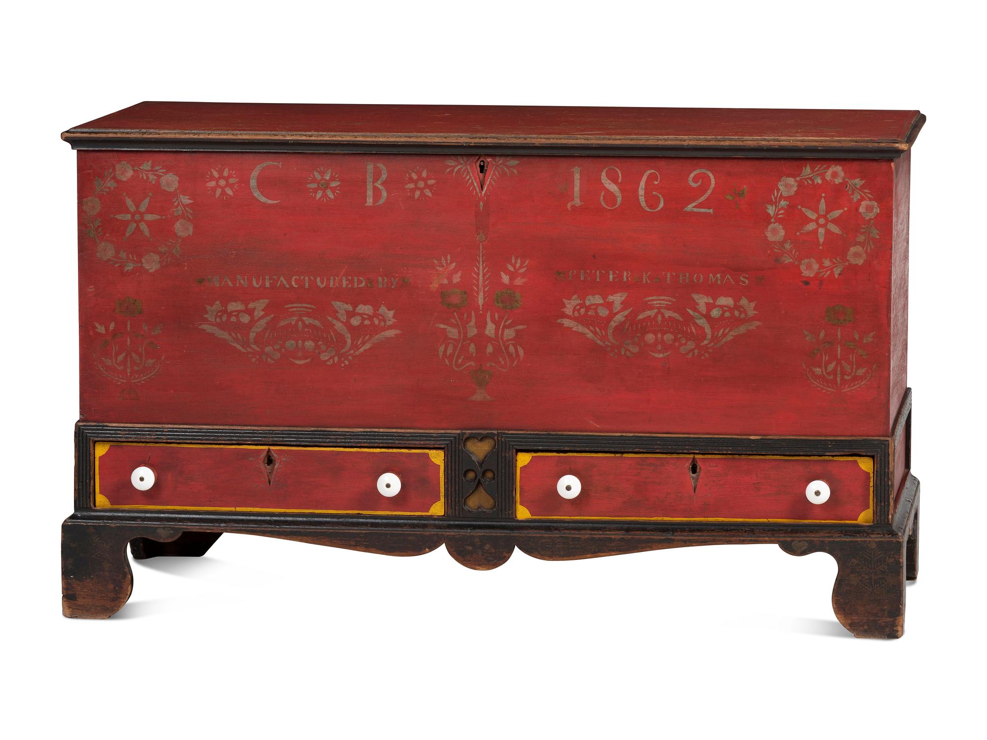 A Soap Hollow Stencil-Decorated and Heart-Carved Poplar Two-Drawer Blanket Chest