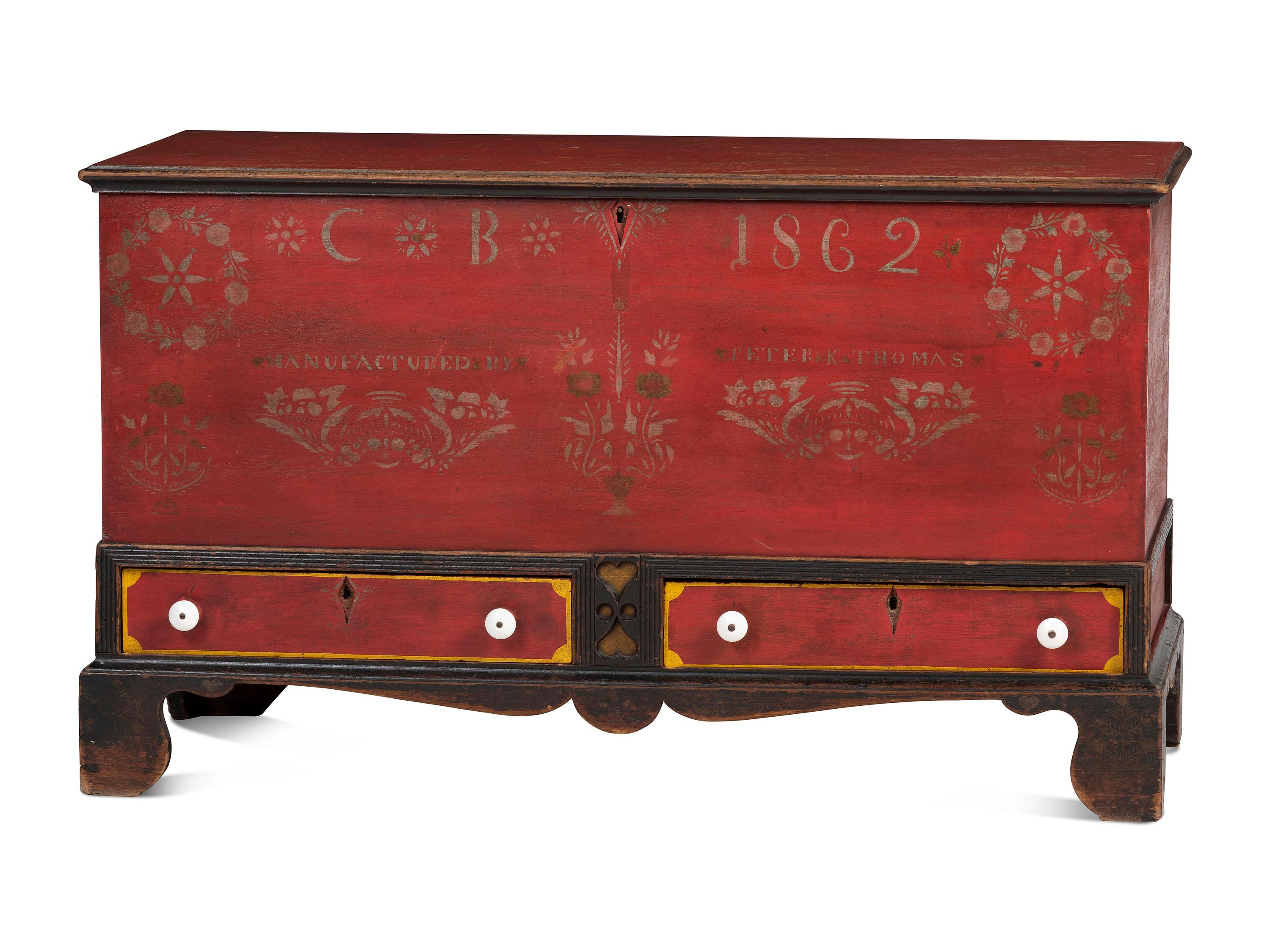 A Soap Hollow Stencil-Decorated and Heart-Carved Poplar Two-Drawer Blanket Chest