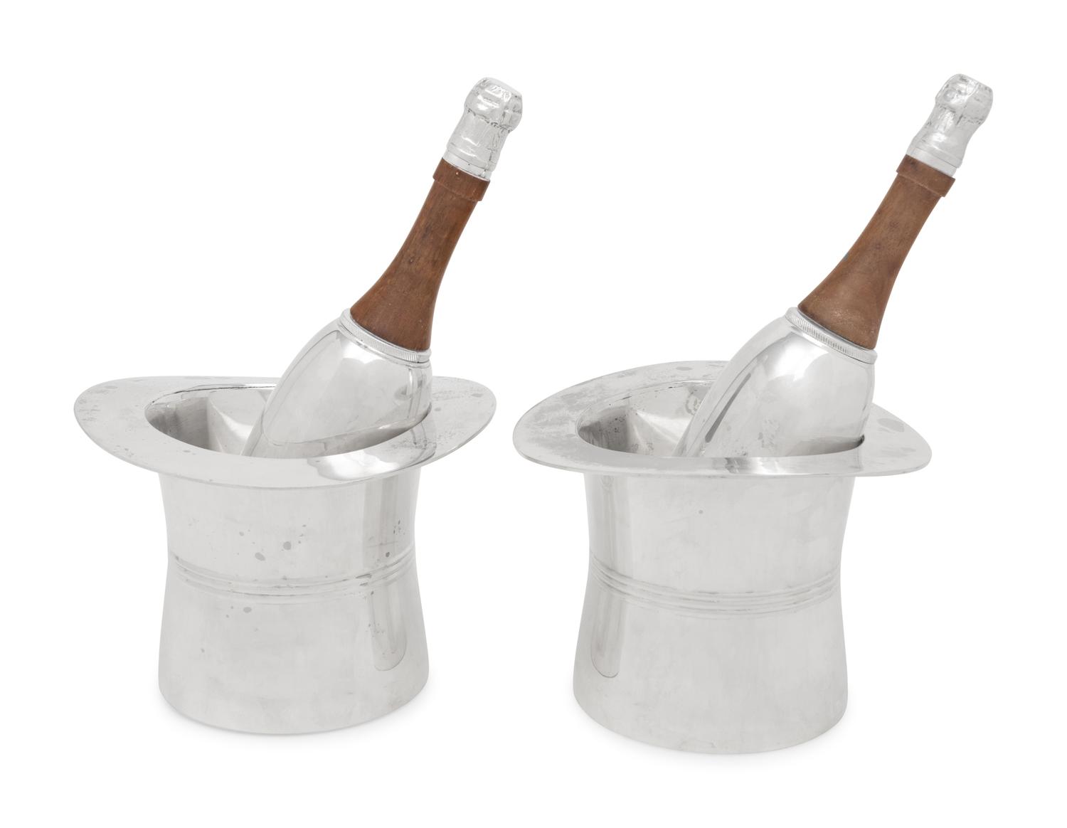A Pair of Silver-Plate Champagne-Themed Cocktail Shakers and Ice Buckets
