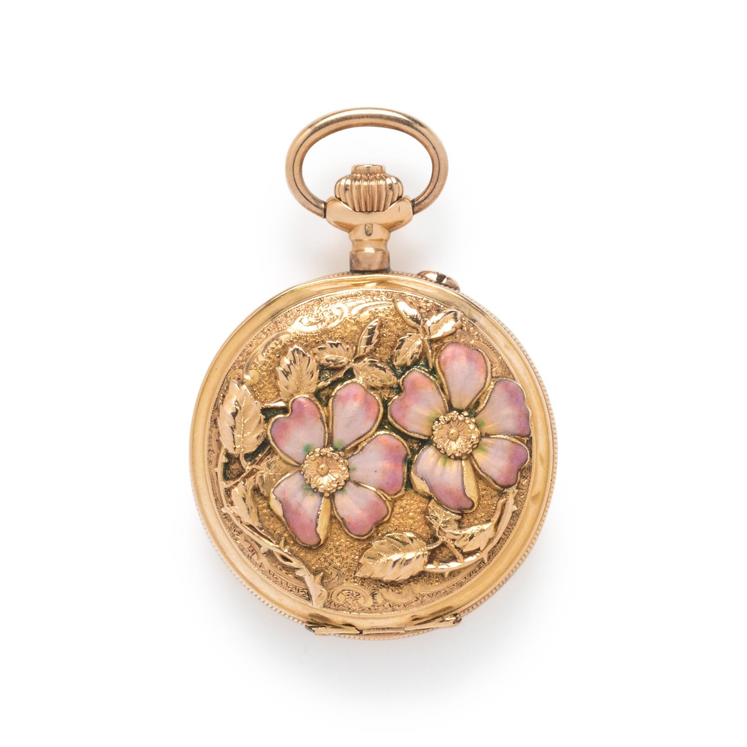 LA MAISONNETTE, 18K YELLOW GOLD AND ENAMEL HUNTER CASE POCKET WATCH
