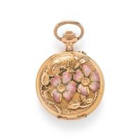 LA MAISONNETTE, 18K YELLOW GOLD AND ENAMEL HUNTER CASE POCKET WATCH