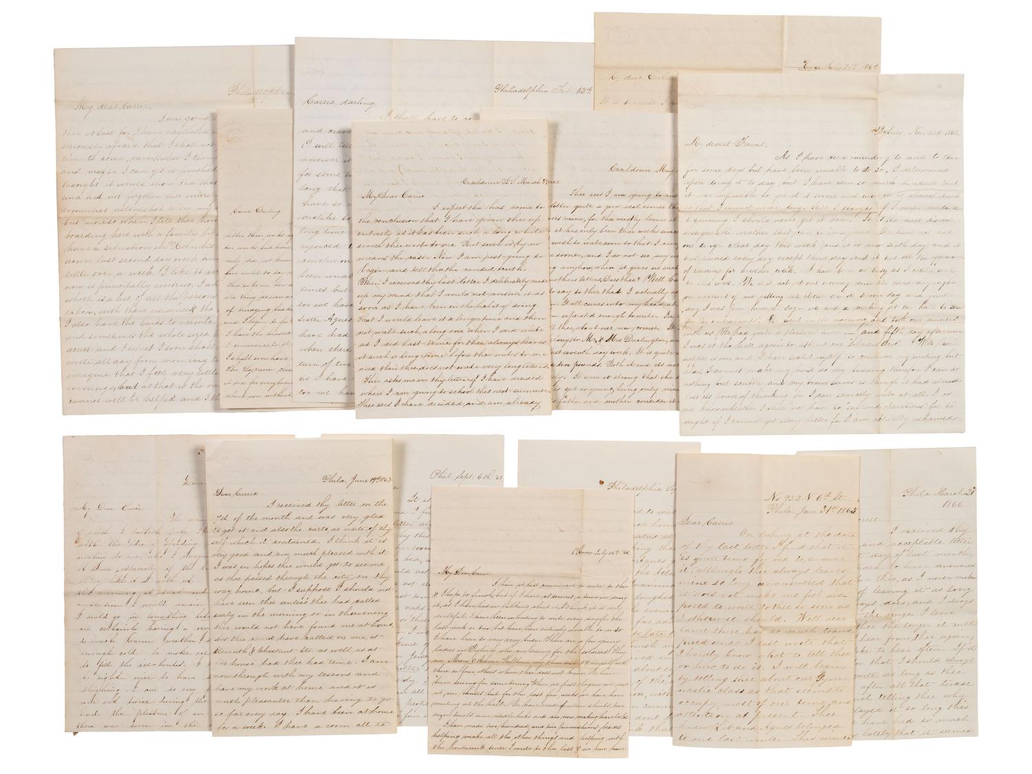 [CIVIL WAR]. War-date letters of Quaker artist and photographer Susan Walmsley (1843-1888) to her friend Carrie Wilson, with discussion of the war, politics, the Sanitary Fair, and more.