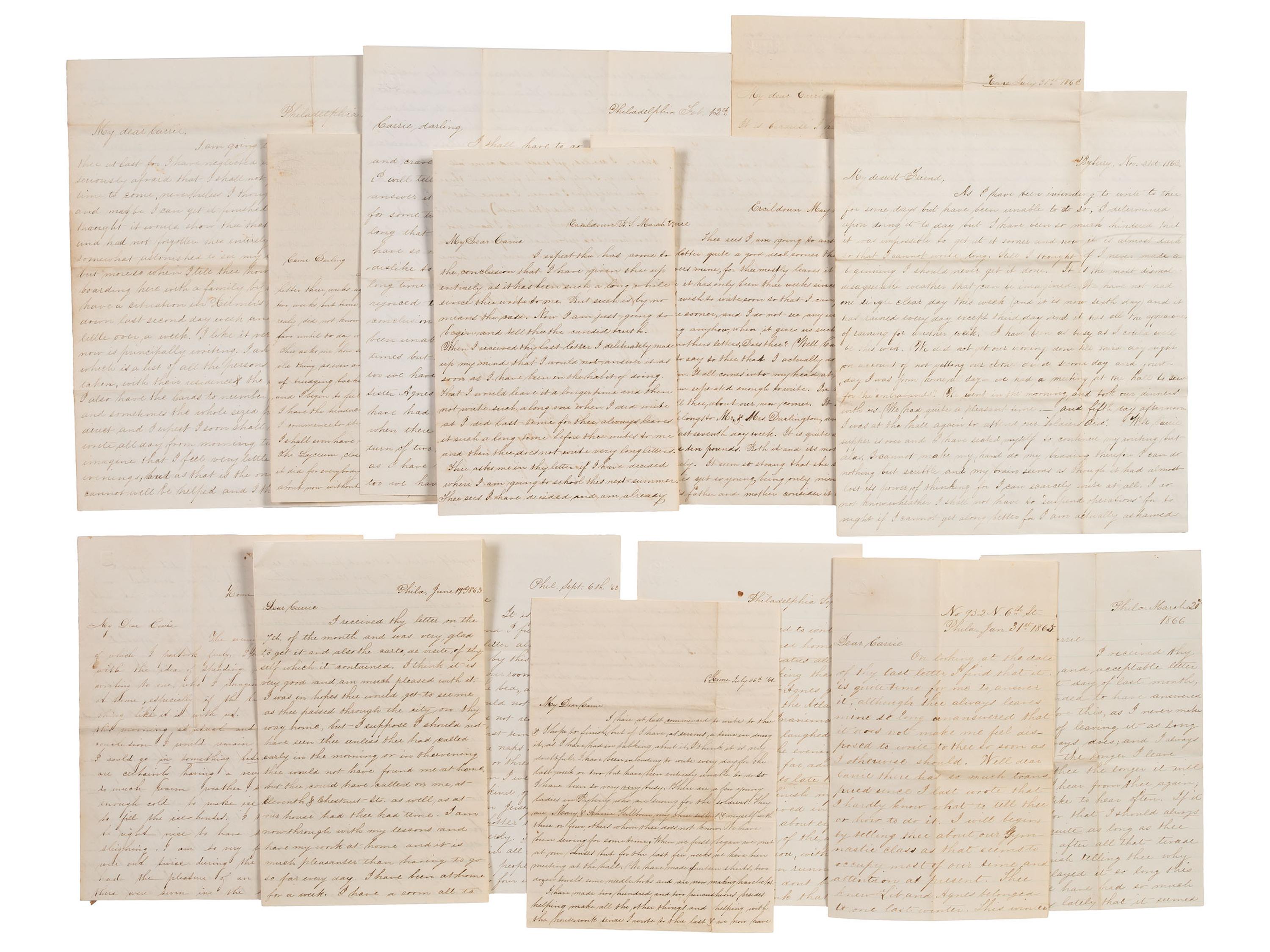 [CIVIL WAR]. War-date letters of Quaker artist and photographer Susan Walmsley (1843-1888) to her friend Carrie Wilson, with discussion of the war, politics, the Sanitary Fair, and more.
