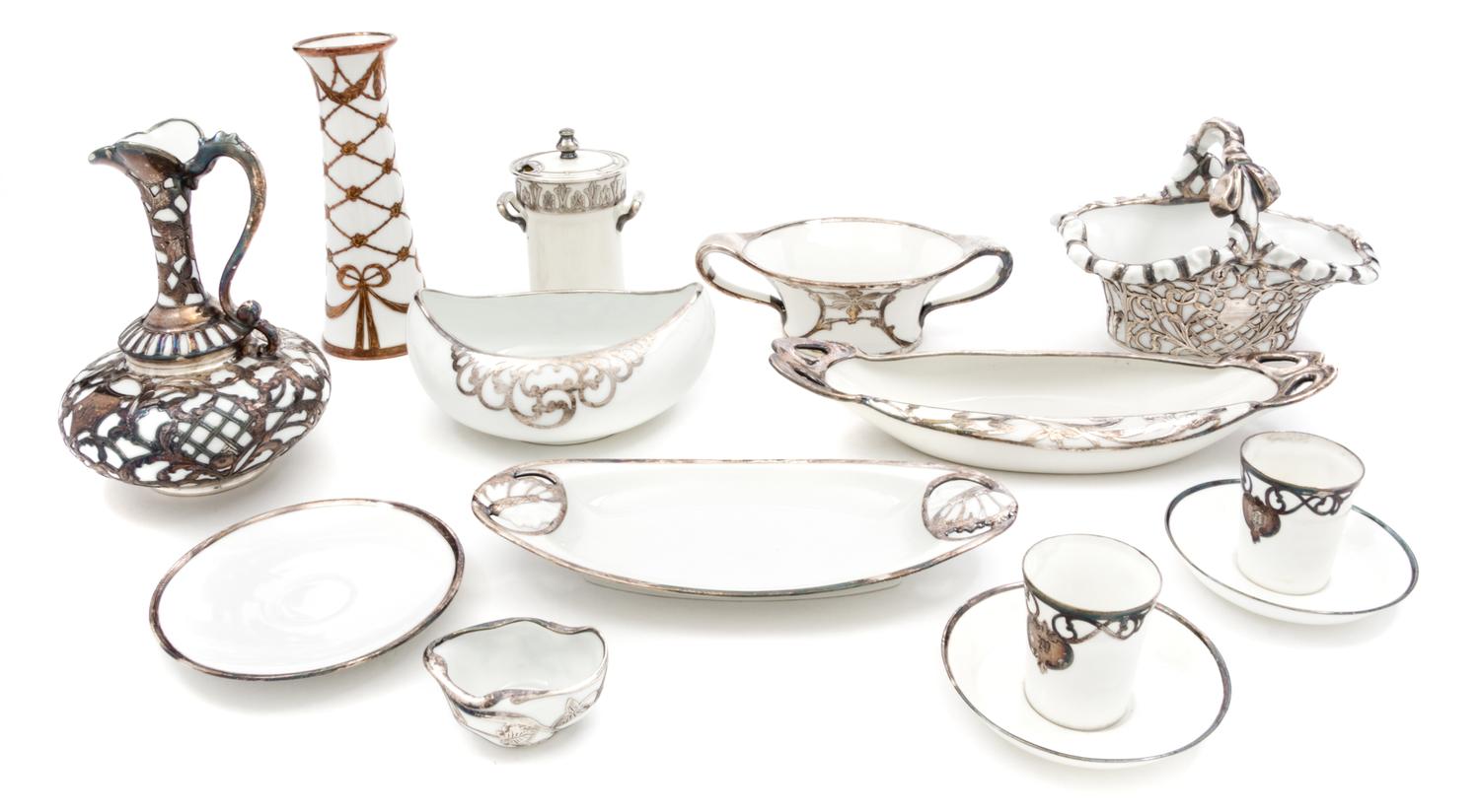 A Collection of Continetal Porcelain Silver Overlay Articles Height of tallest 6 5/8 inches.