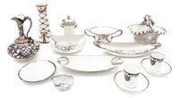 A Collection of Continetal Porcelain Silver Overlay Articles Height of tallest 6 5/8 inches.