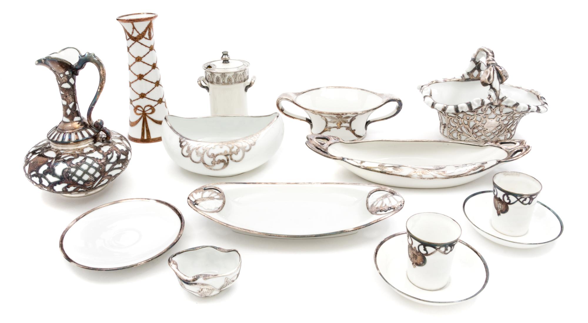 A Collection of Continetal Porcelain Silver Overlay Articles Height of tallest 6 5/8 inches.