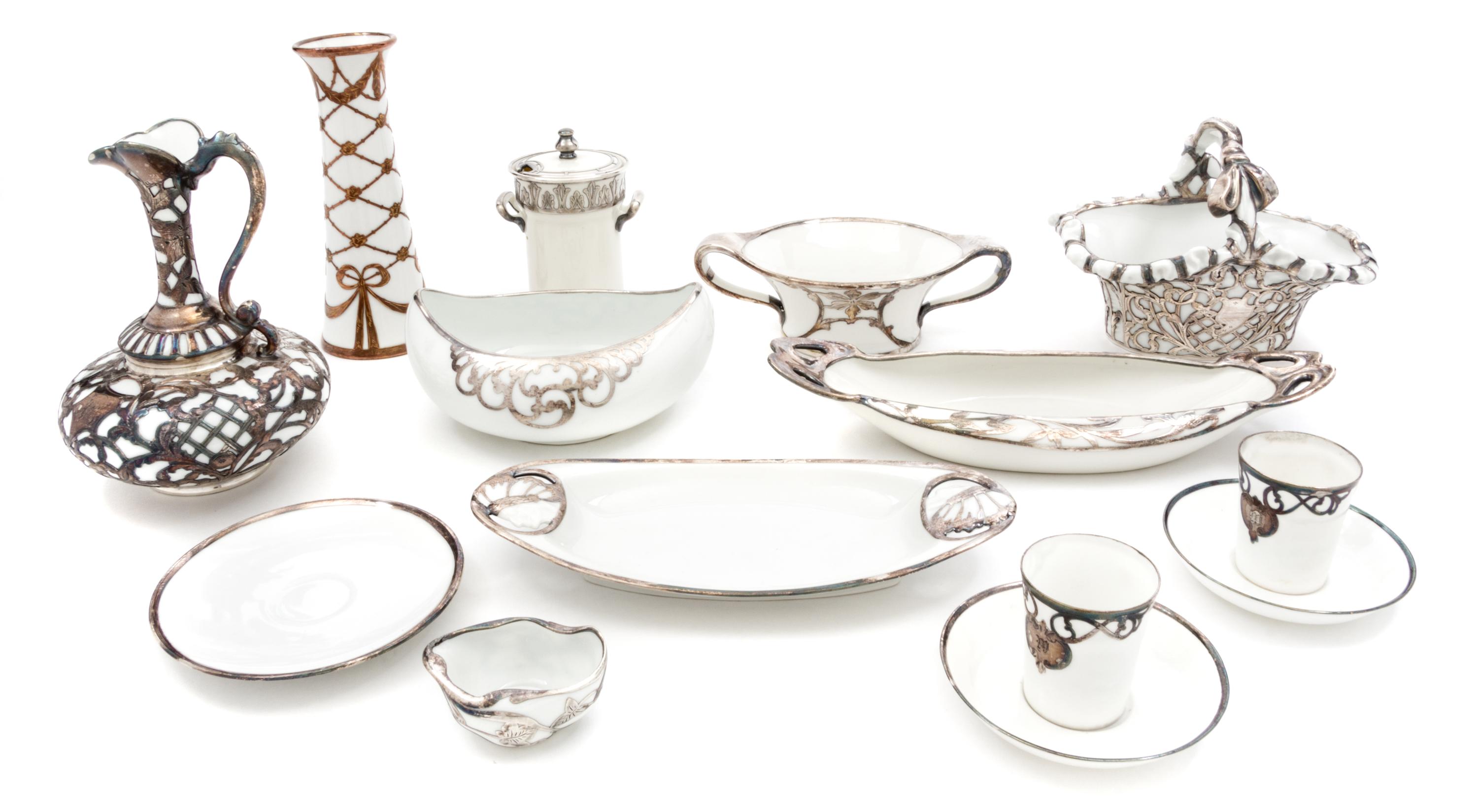A Collection of Continetal Porcelain Silver Overlay Articles Height of tallest 6 5/8 inches.