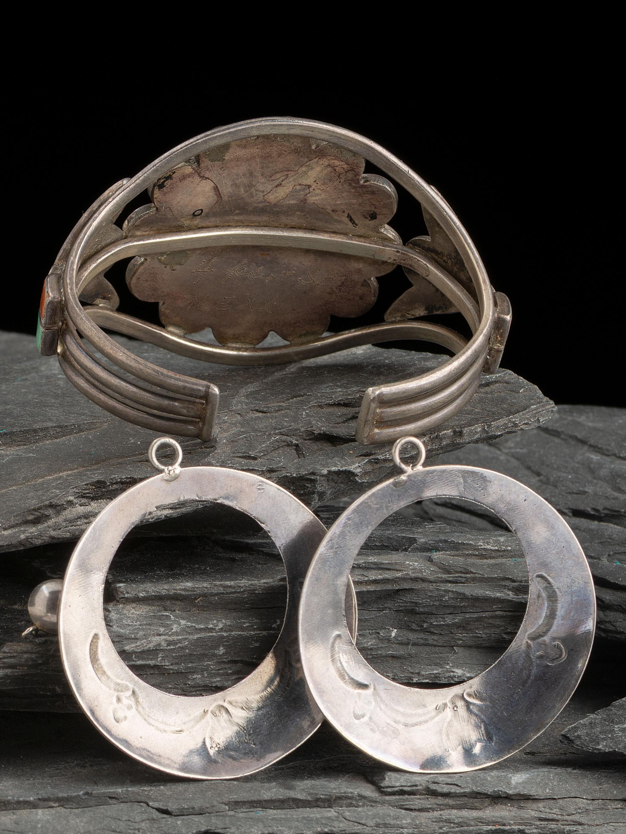 Zuni Sunface Cuff Bracelet AND Navajo Silver Earrings