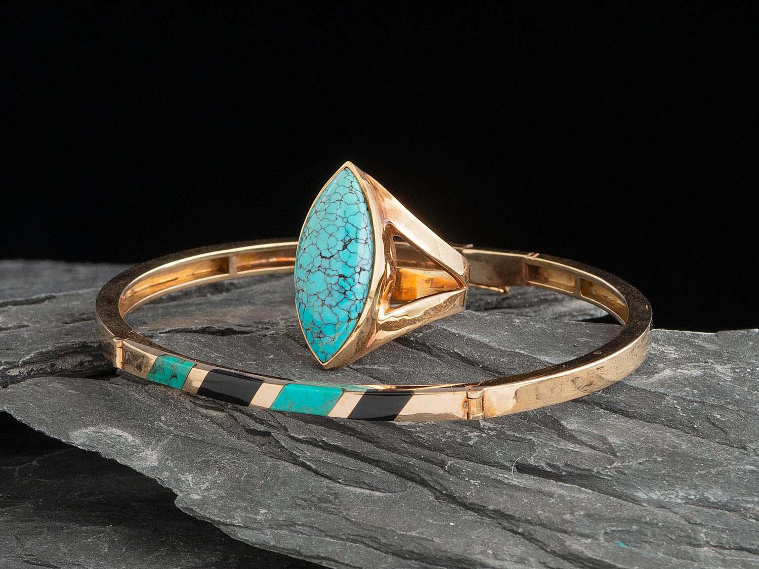 Southwestern-style 14K Gold Ring and Bangle Bracelet