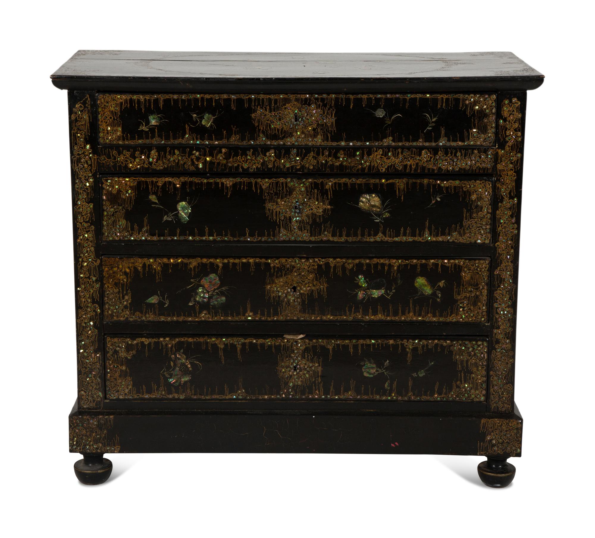 An English Ebonized and Mother-of-Pearl Inlaid Chest of Drawers — 19TH CENTURY