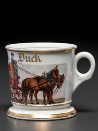 A Porcelain Occupational Shaving Mug Depicting a Lumber Wagon