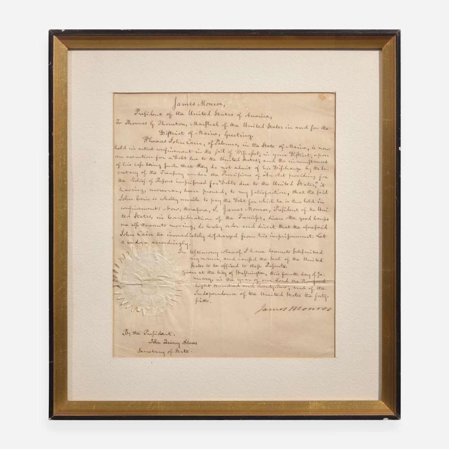 [Presidential] Adams, John Quincy, and James Monroe Autograph Document, signed