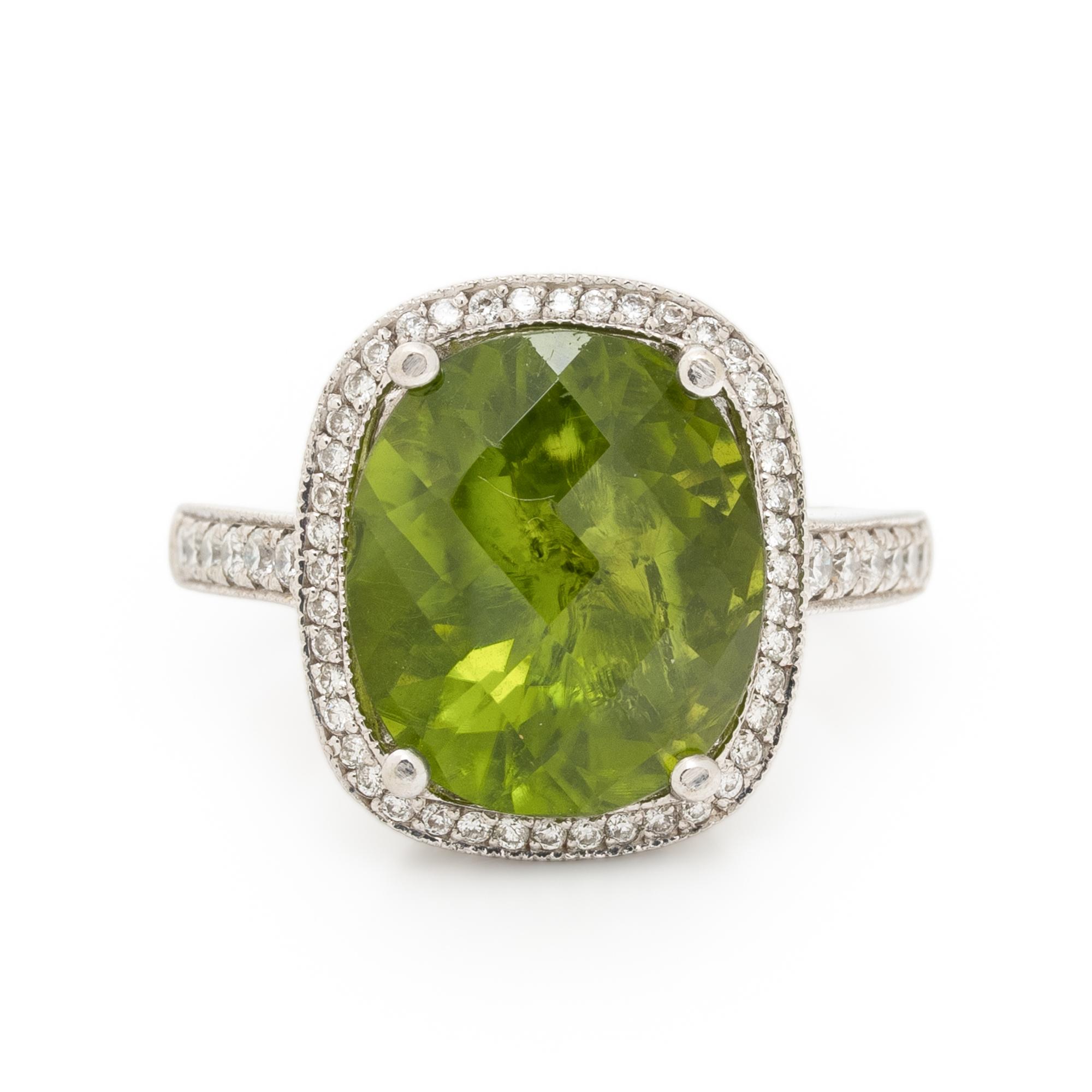Peridot, Diamond, and White Gold Ring