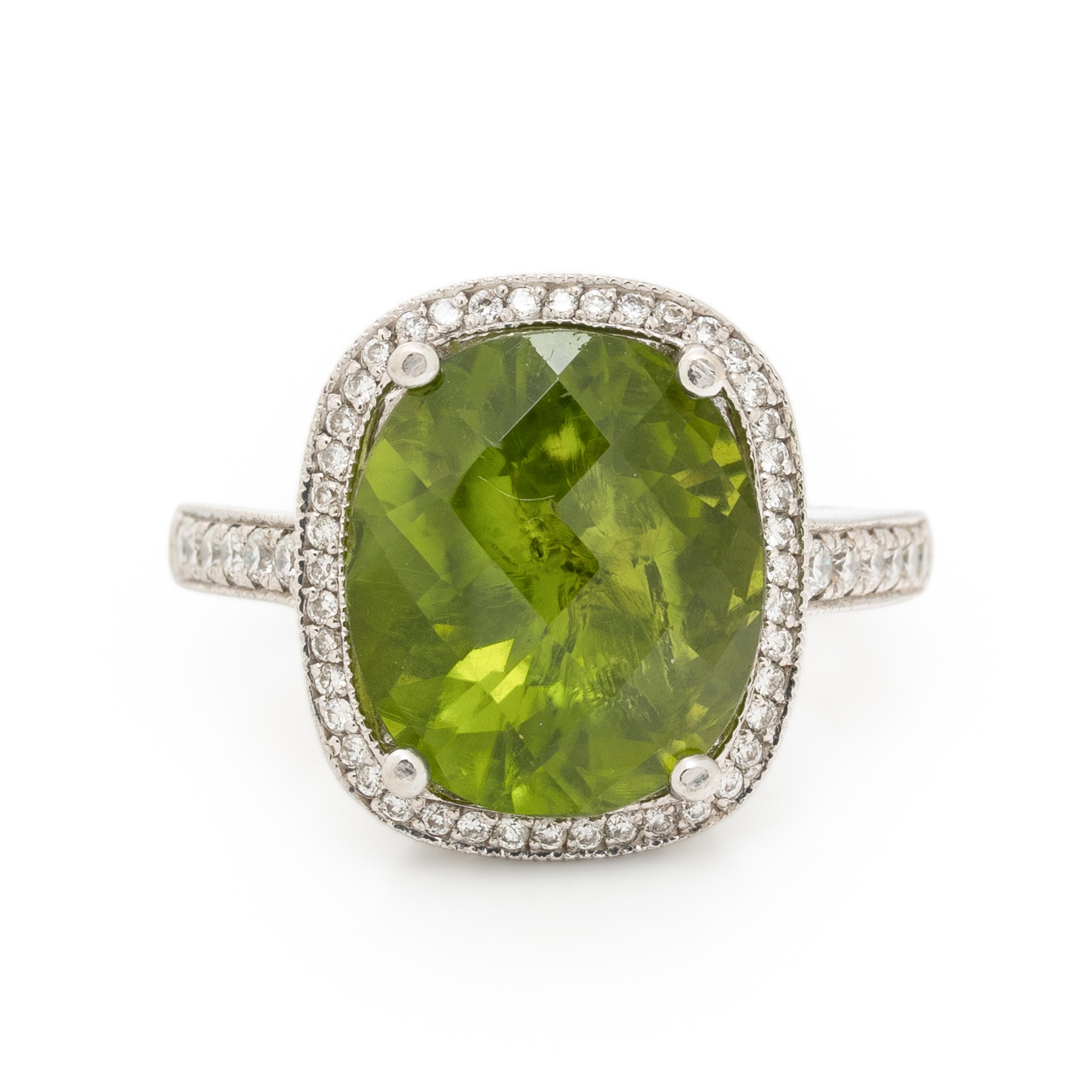 Peridot, Diamond, and White Gold Ring