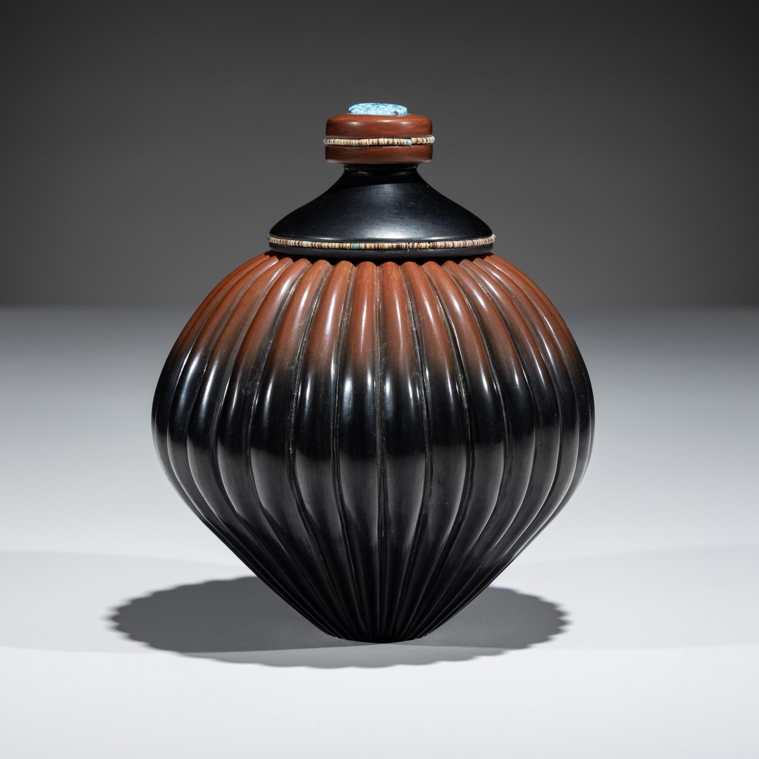 Black and Sienna Melon Jar, with Heishi and Turquoise Cabochon