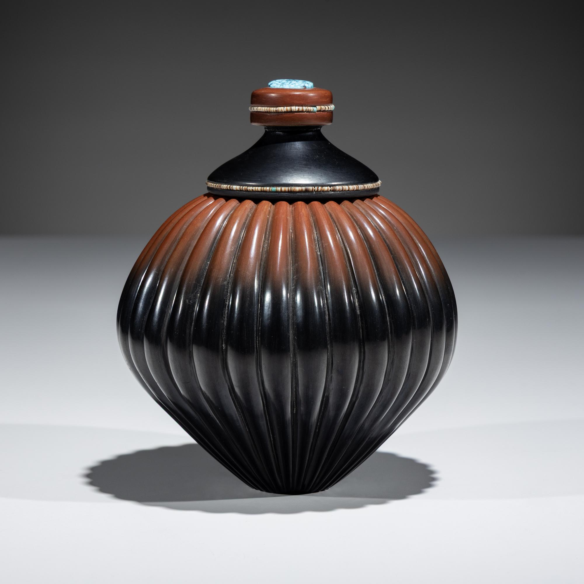 Black and Sienna Melon Jar, with Heishi and Turquoise Cabochon