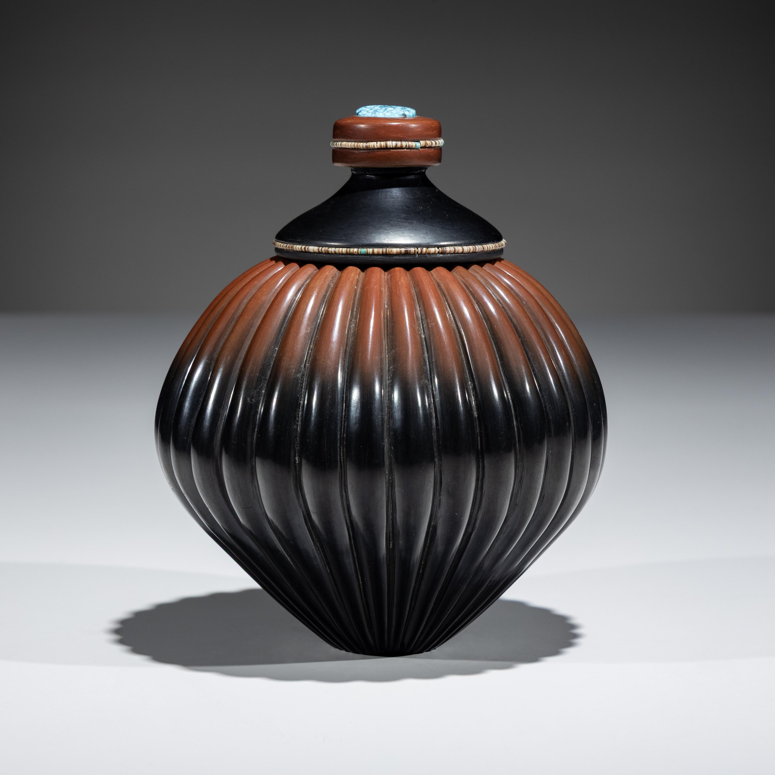 Black and Sienna Melon Jar, with Heishi and Turquoise Cabochon