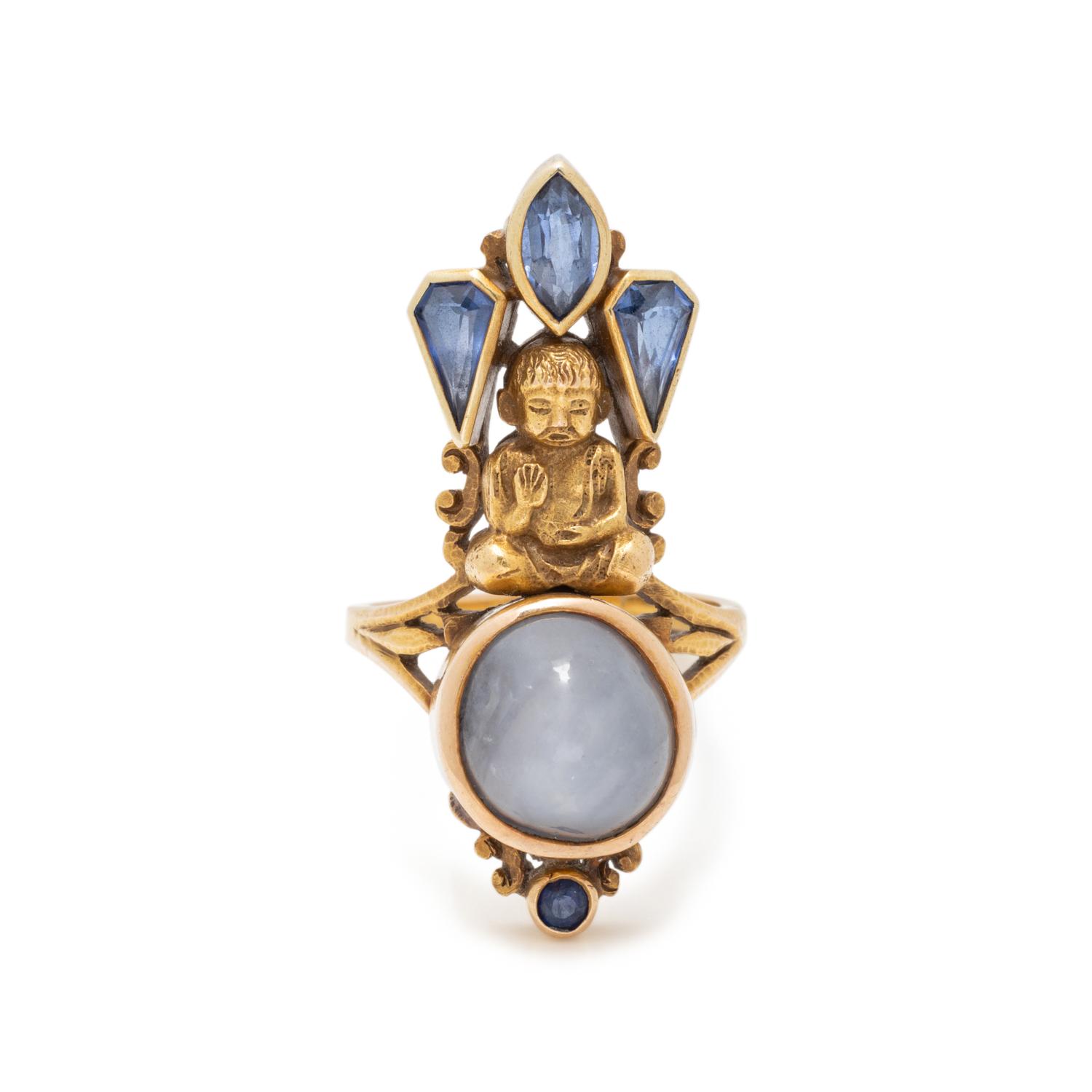 YELLOW GOLD, STAR SAPPHIRE AND SYNTHETIC SAPPHIRE RING