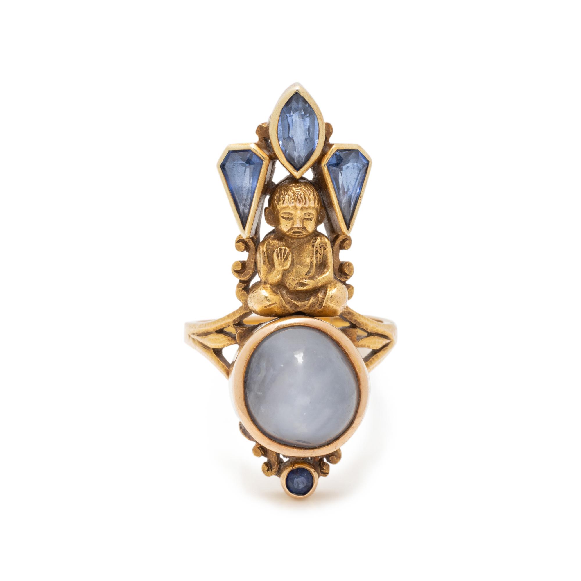 YELLOW GOLD, STAR SAPPHIRE AND SYNTHETIC SAPPHIRE RING