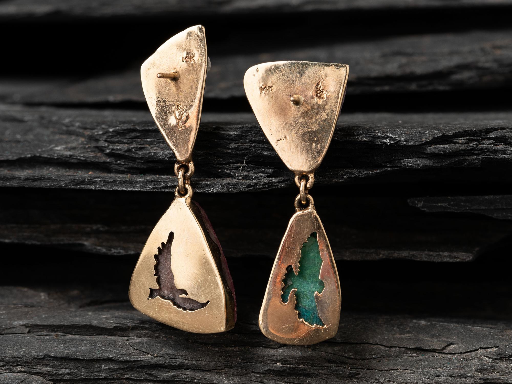 14K Gold Post Earrings, set with Druzy Chrysocolla and Cobalto Calcite