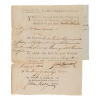 Hancock, John (1737-1793). Partly printed document signed ("John Hancock"), to Henry Gardner, Treasurer, Boston, 29 November 1780.
