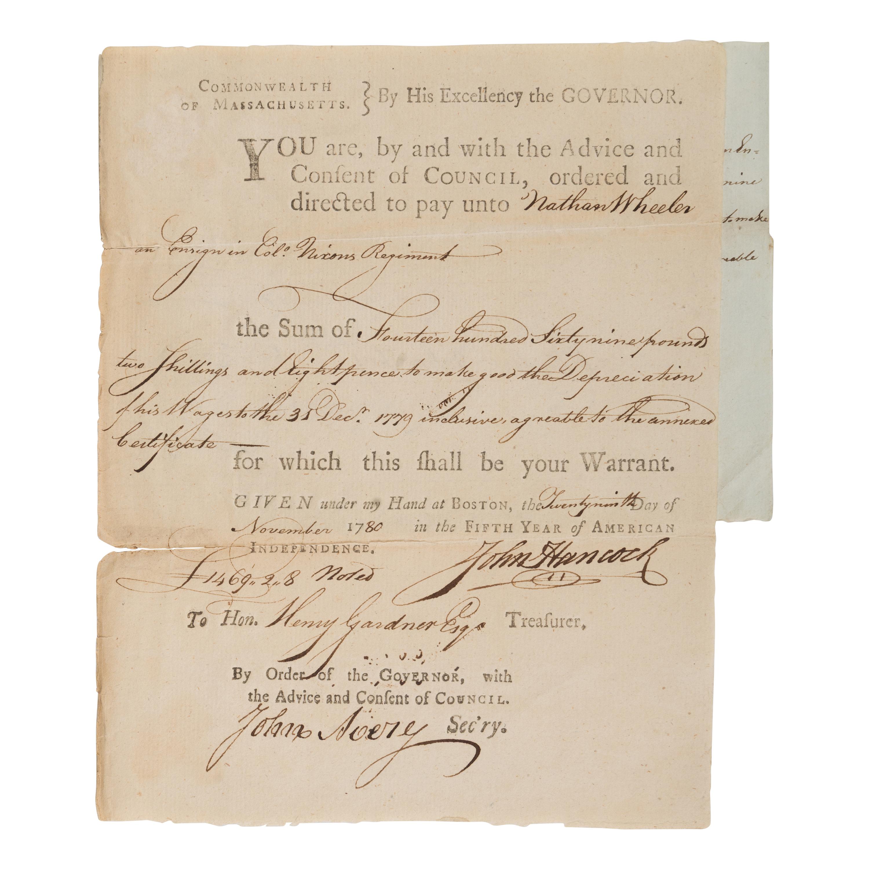 Hancock, John (1737-1793). Partly printed document signed ("John Hancock"), to Henry Gardner, Treasurer, Boston, 29 November 1780.