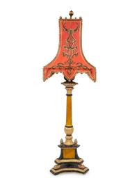 A Painted Pricket Form Table Lamp with Tole Peinte Shade