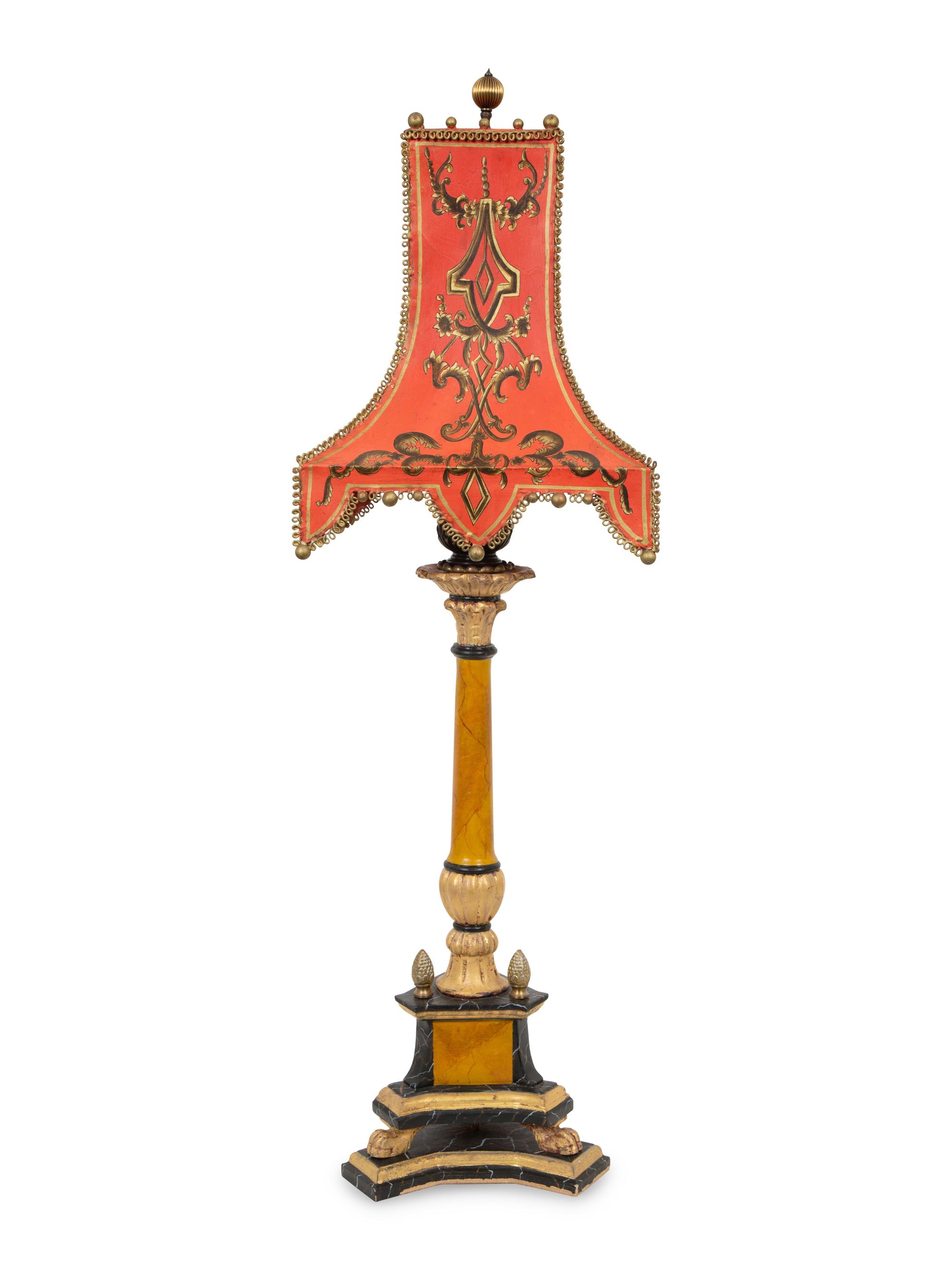 A Painted Pricket Form Table Lamp with Tole Peinte Shade