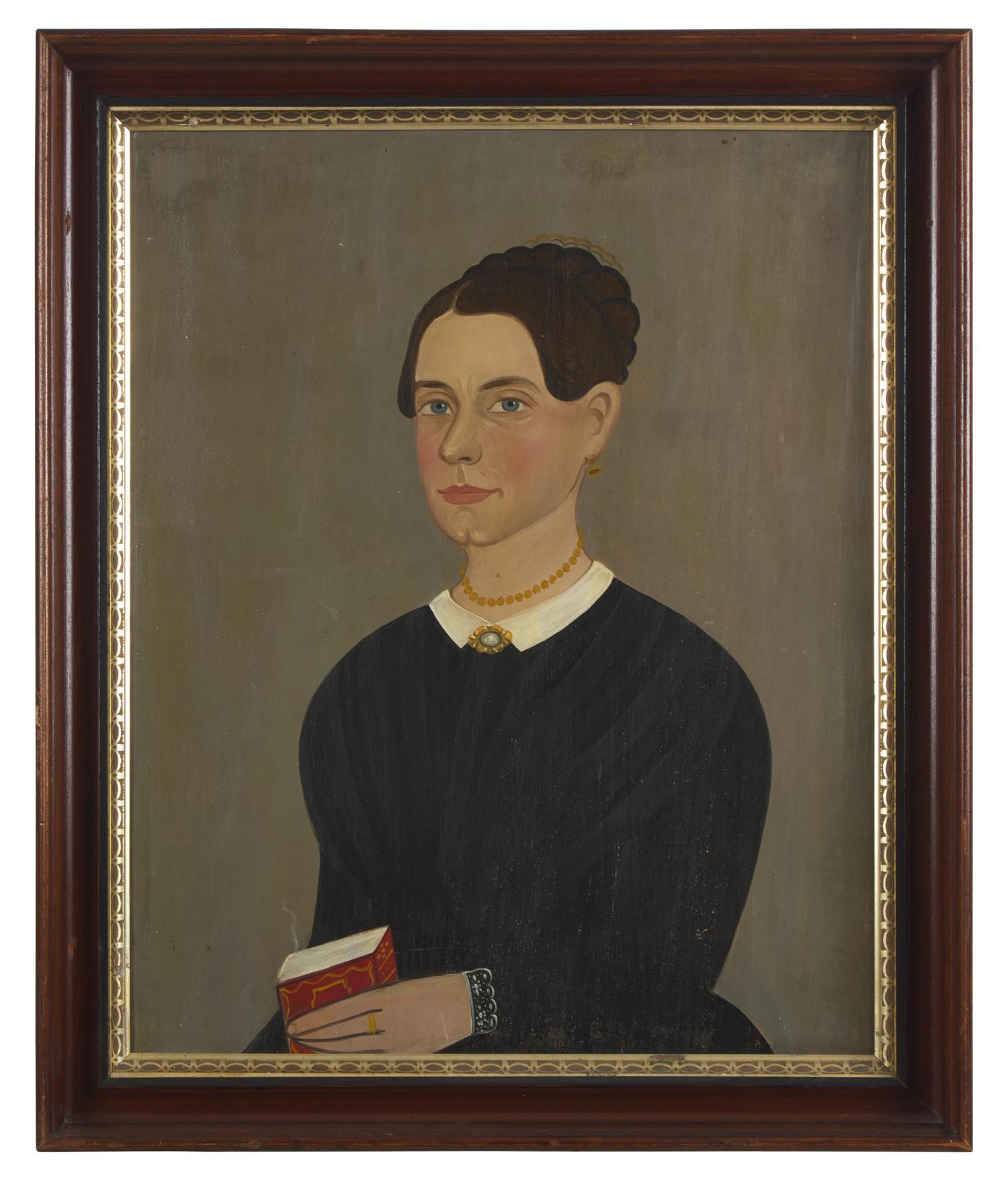 Attributed to George G. Hartwell (1815-1901), A Portrait of a Lady in Black Holding A Red Book