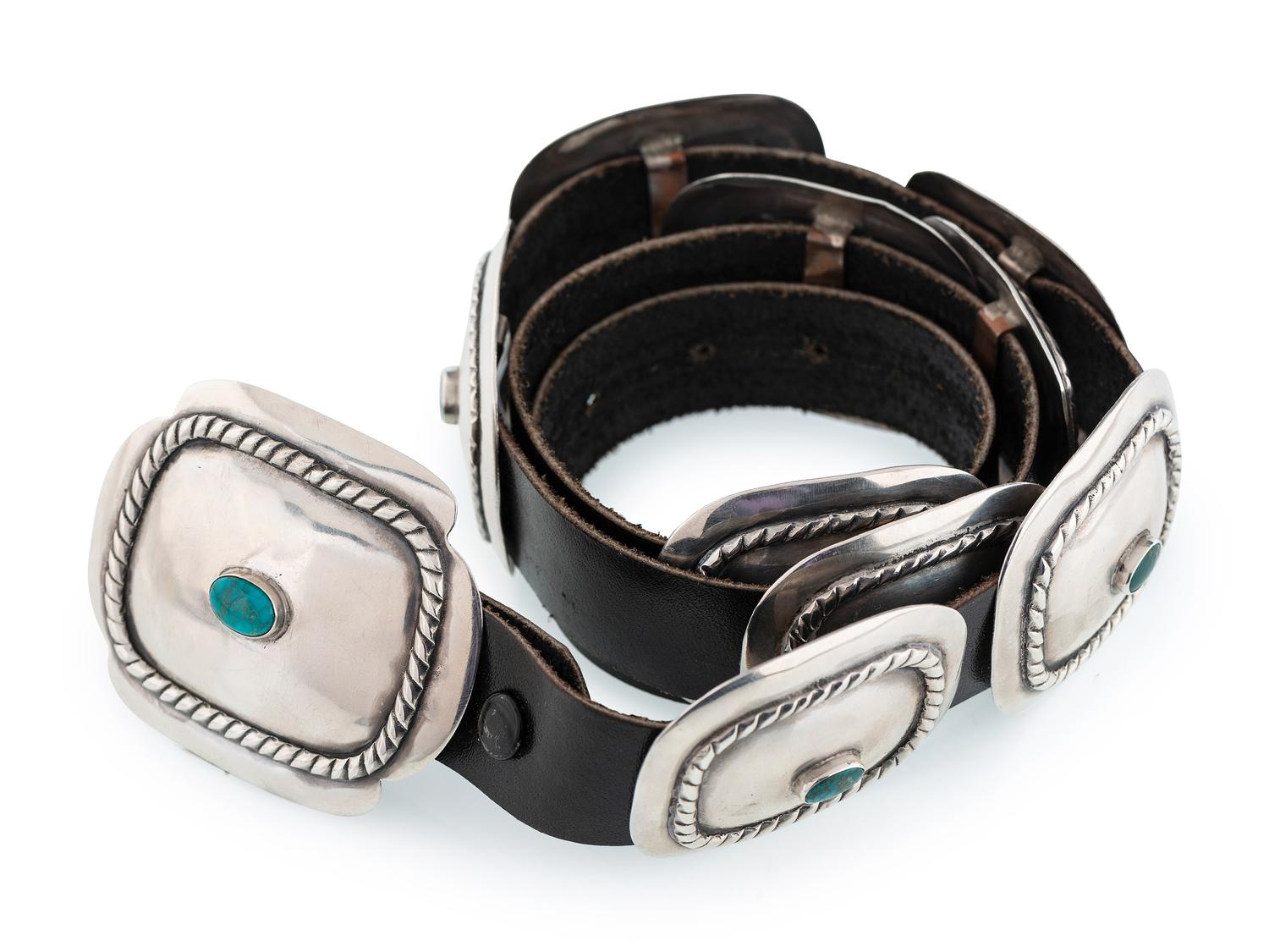 Southwestern-style Silver Concha Belt, with Turquoise Cabochons