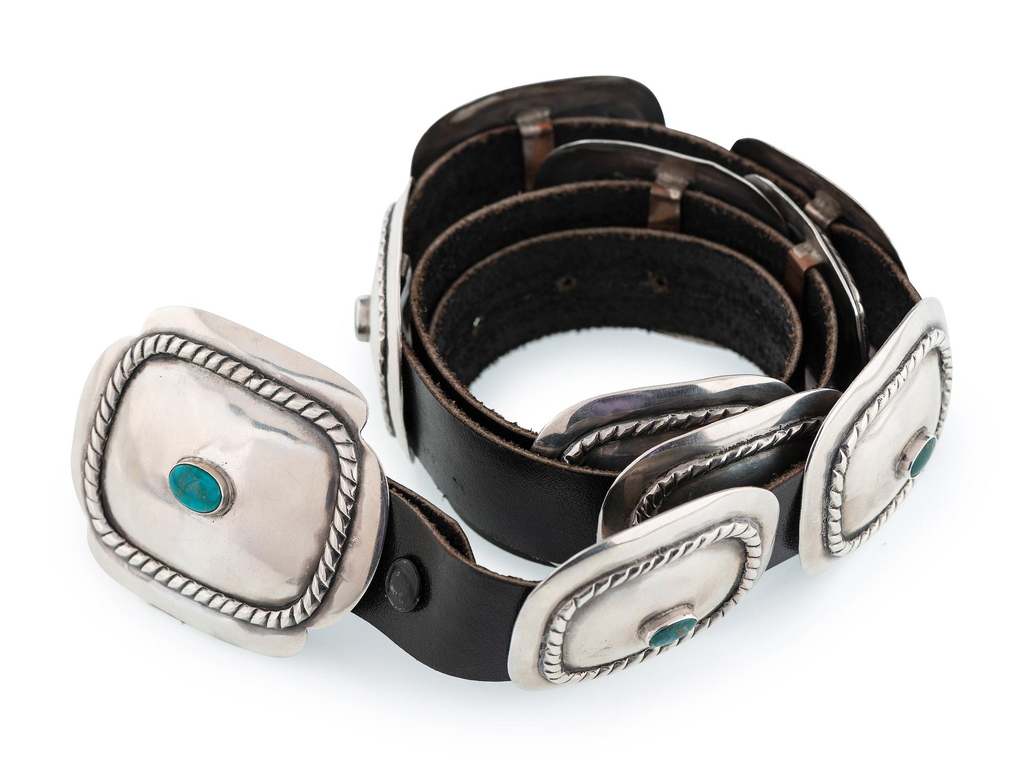 Southwestern-style Silver Concha Belt, with Turquoise Cabochons