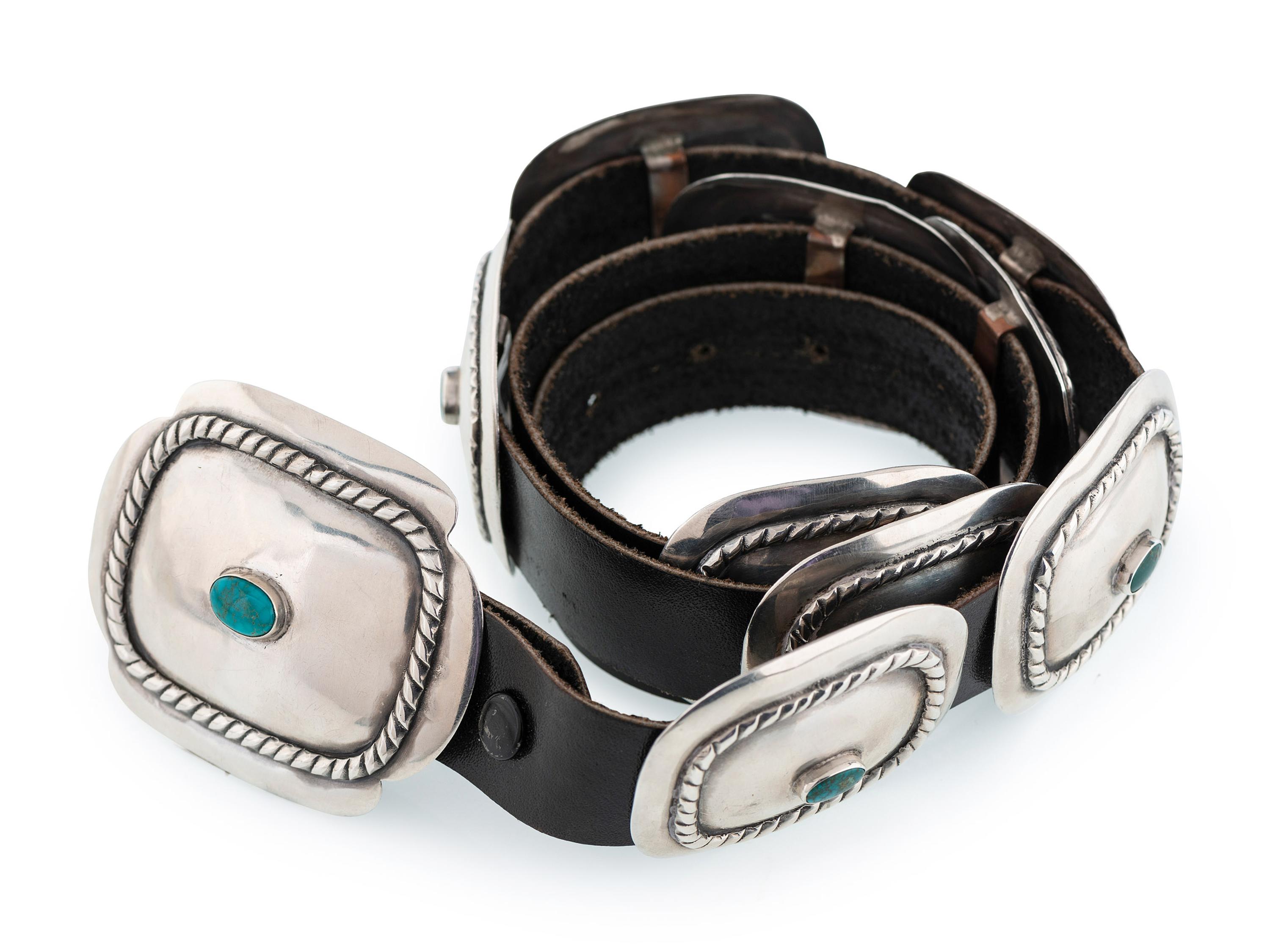 Southwestern-style Silver Concha Belt, with Turquoise Cabochons