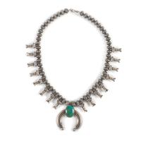 Navajo Sterling Silver and Turquoise Squash Blossom Necklace, with Fluted Beads