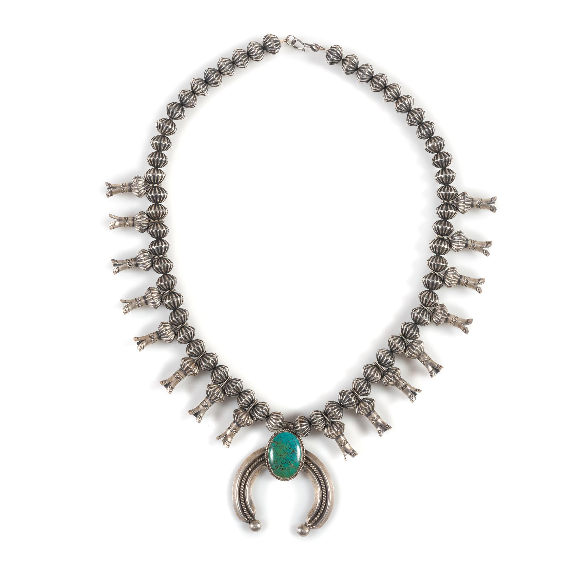 Navajo Sterling Silver and Turquoise Squash Blossom Necklace, with Fluted Beads